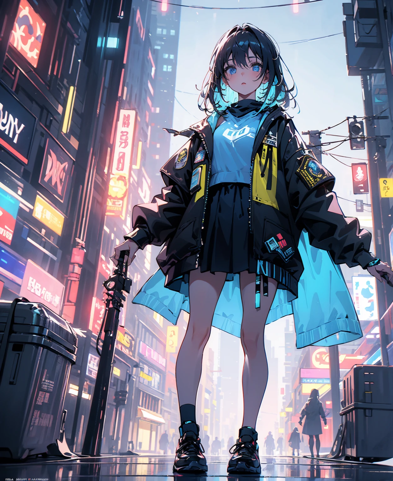 (masterpiece), (highest quality), Ultra-high resolution, Sharp focus, ((1 female, alone)), whole body, Cyberpunk Theme, Beautiful detailed hair, Light blue hair, long hair hangs down, Beautifully detailed face, ((Beautifully shaped eyes, Blue Eyes)), Perfect feminine face, View your viewers, Feminine navy blue enamel cyberpunk outfit,refined armor, Neon lights in the city of bright colors, (At night:1.2)