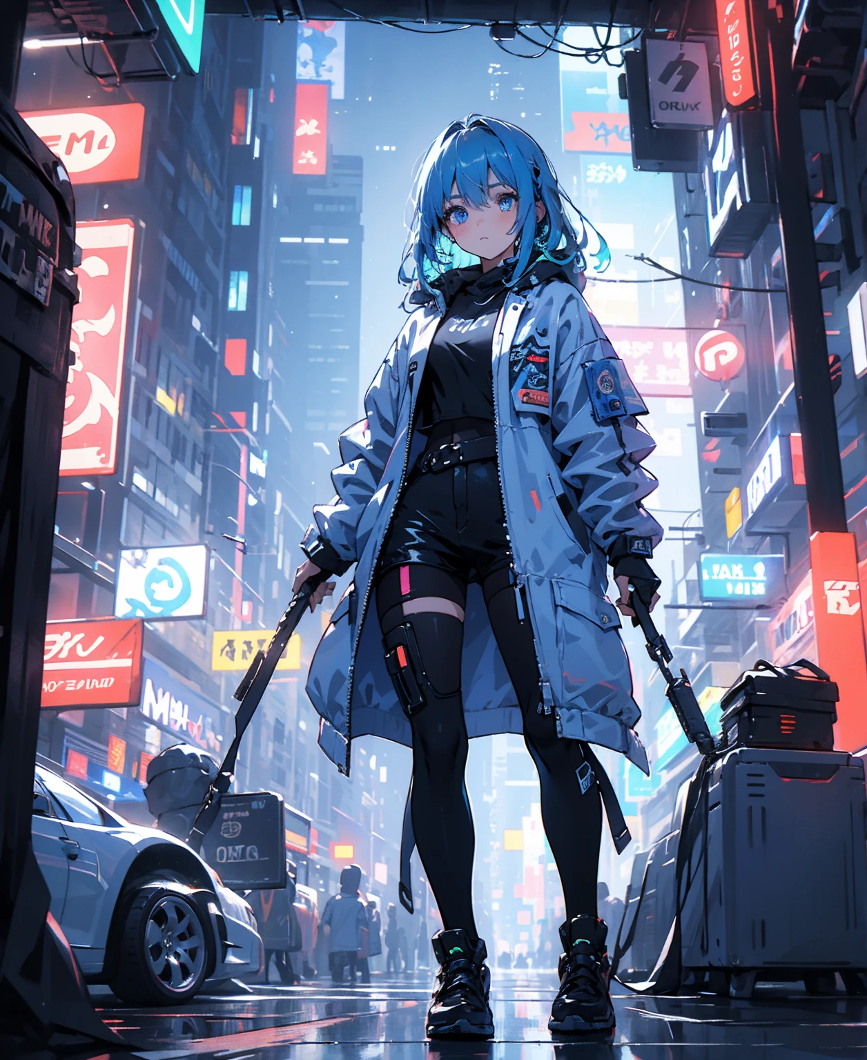 (masterpiece), (highest quality), Ultra-high resolution, Sharp focus, ((1 female, alone)), whole body, Cyberpunk Theme, Beautiful detailed hair, Light blue hair, long hair hangs down, Beautifully detailed face, ((Beautifully shaped eyes, Blue Eyes)), Perfect feminine face, View your viewers, Feminine navy blue enamel cyberpunk outfit,refined armor, Neon lights in the city of bright colors, (At night:1.2)