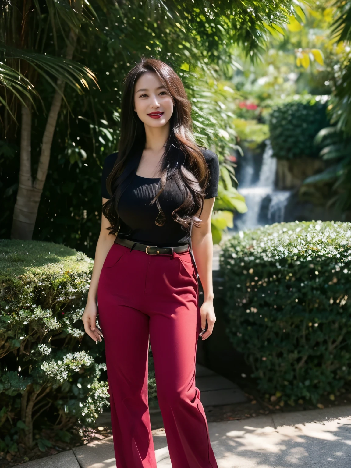 Correctly depict facial features,Red lipstick, From the chest up, Ultra Detailed,lifelike, Super delicate skin, perfect anatomy (Solitary),casual pants,Short sleeve,Black belt,Long wavy hair,37-year-old female,Mature,Charming smile,Scenic spots,Standing,Leg length,Big breasts,stand up,full-body shot