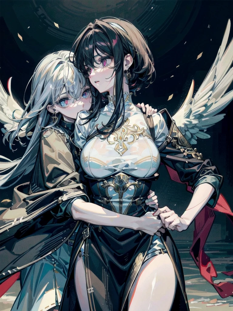 absurdres, RAW photo, extremely delicate and beautiful, masterpiece, Best Quality, ultra high resolution, 32k, hyperrealistic, ultra-detailed, detailed description, perfect anatomy, pale skin, 20 years old, detailed beautiful face and eyes, tearful mole, earring, short medium hair, wavy hair, whole body shot, colossal tits, ((yuri)), (((2 girls))), Practical pirate clothing, Long-sleeved pirate top, Skirt,