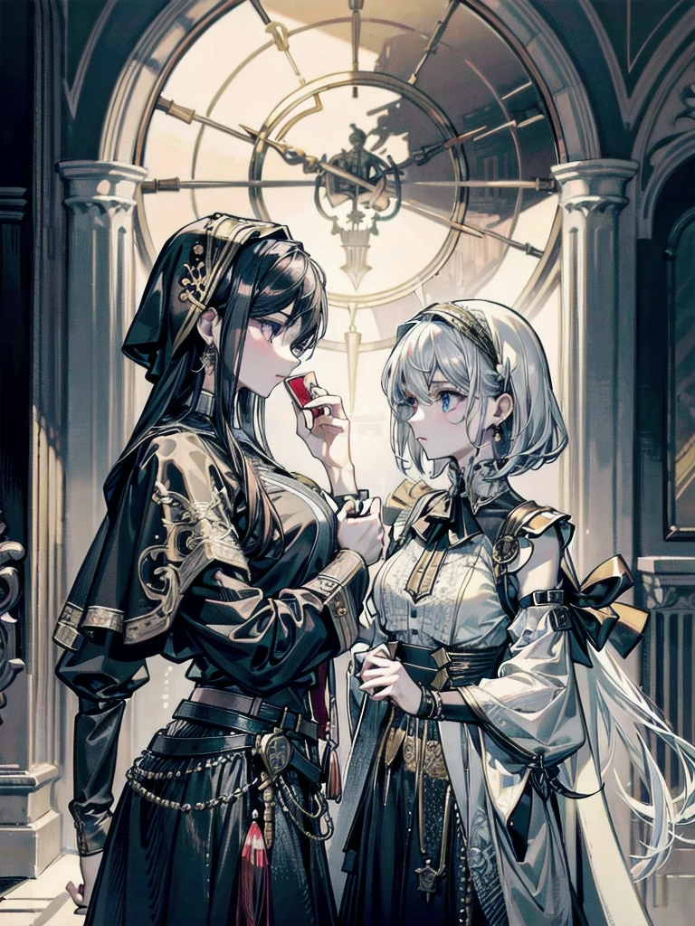 absurdres, RAW photo, extremely delicate and beautiful, masterpiece, Best Quality, ultra high resolution, 32k, hyperrealistic, ultra-detailed, detailed description, perfect anatomy, pale skin, 20 years old, detailed beautiful face and eyes, tearful mole, earring, short medium hair, wavy hair, whole body shot, colossal tits, ((yuri)), (((2 girls))), Practical pirate clothing, Long-sleeved pirate top, Skirt,