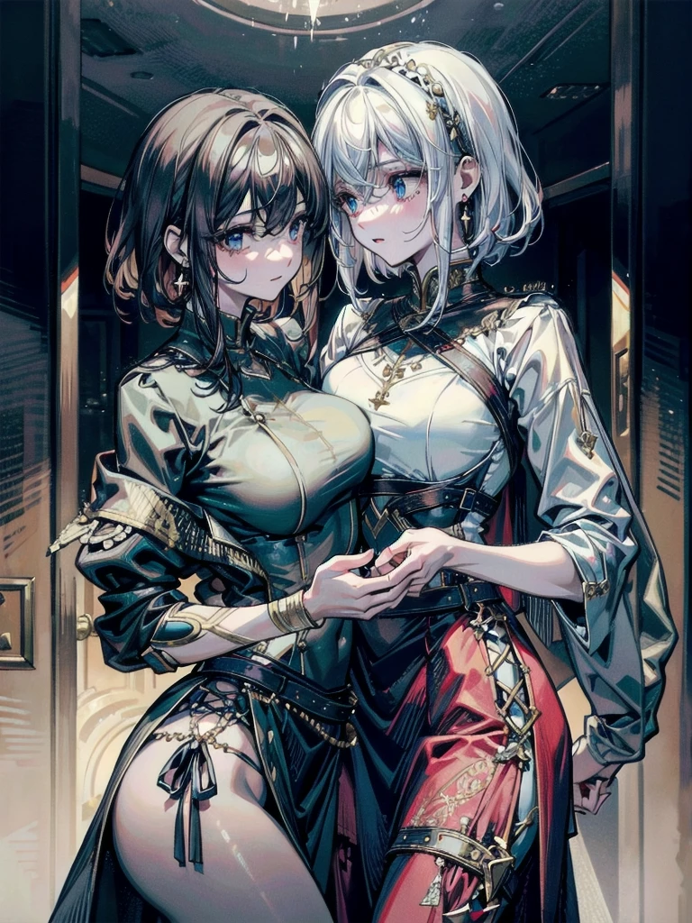absurdres, RAW photo, extremely delicate and beautiful, masterpiece, Best Quality, ultra high resolution, 32k, hyperrealistic, ultra-detailed, detailed description, perfect anatomy, pale skin, 20 years old, detailed beautiful face and eyes, tearful mole, earring, short medium hair, wavy hair, whole body shot, colossal tits, ((yuri)), (((2 girls))), Practical pirate clothing, Long-sleeved pirate top, Skirt,