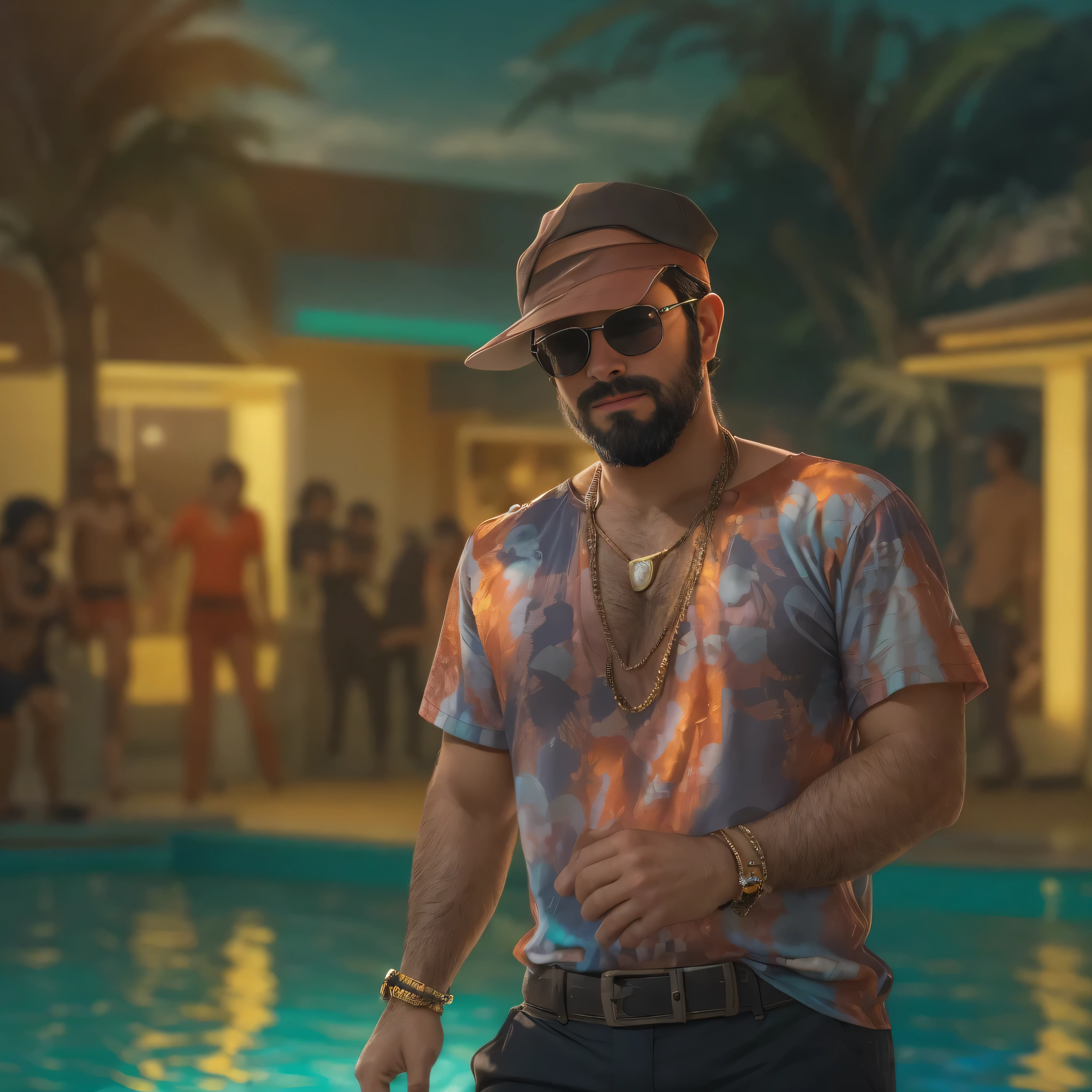 {
"prompt": "a 38 year old man, con barba y lentes de sol, appears as the protagonist in a scene of a reggaetón video. It is a medium shot focusing on the upper part of the body. The man is at a party in a luxurious villa next to a swimming pool, rodeado de personas bailando y disfrutando. Lleva una camiseta sin mangas ajustada, gold necklaces and a backwards cap, mostrando un estilo moderno y urbano. Vibrantly colored neon lights illuminate the scene and reflect in the pool water. The atmosphere is festive and energetic, con palmeras y un cielo nocturno estrellado en el fondo. The sound of reggaeton is felt in the air while everyone dances and has fun."
}