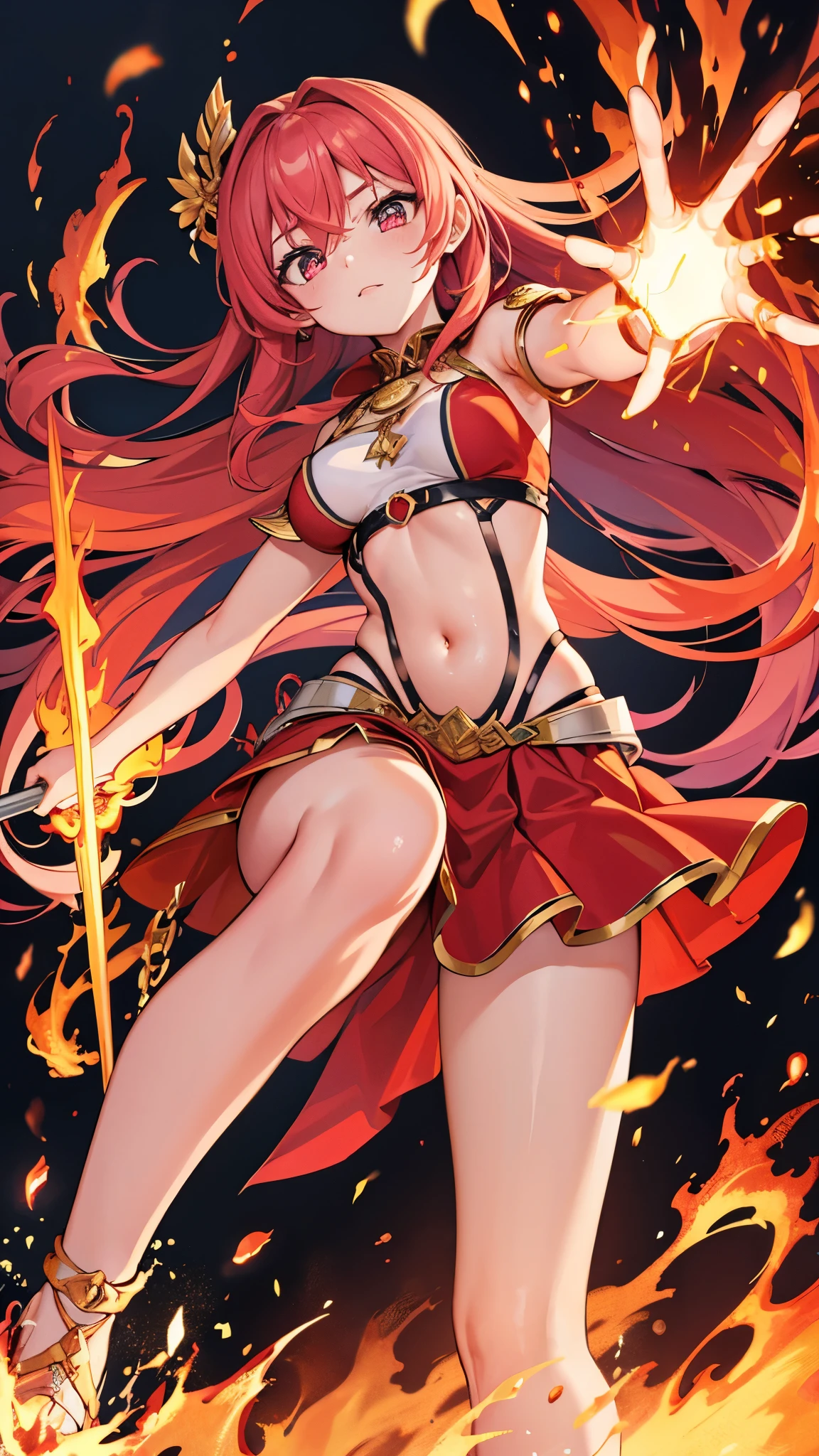 goddess、Engulfed in flames、Stand with a weapon