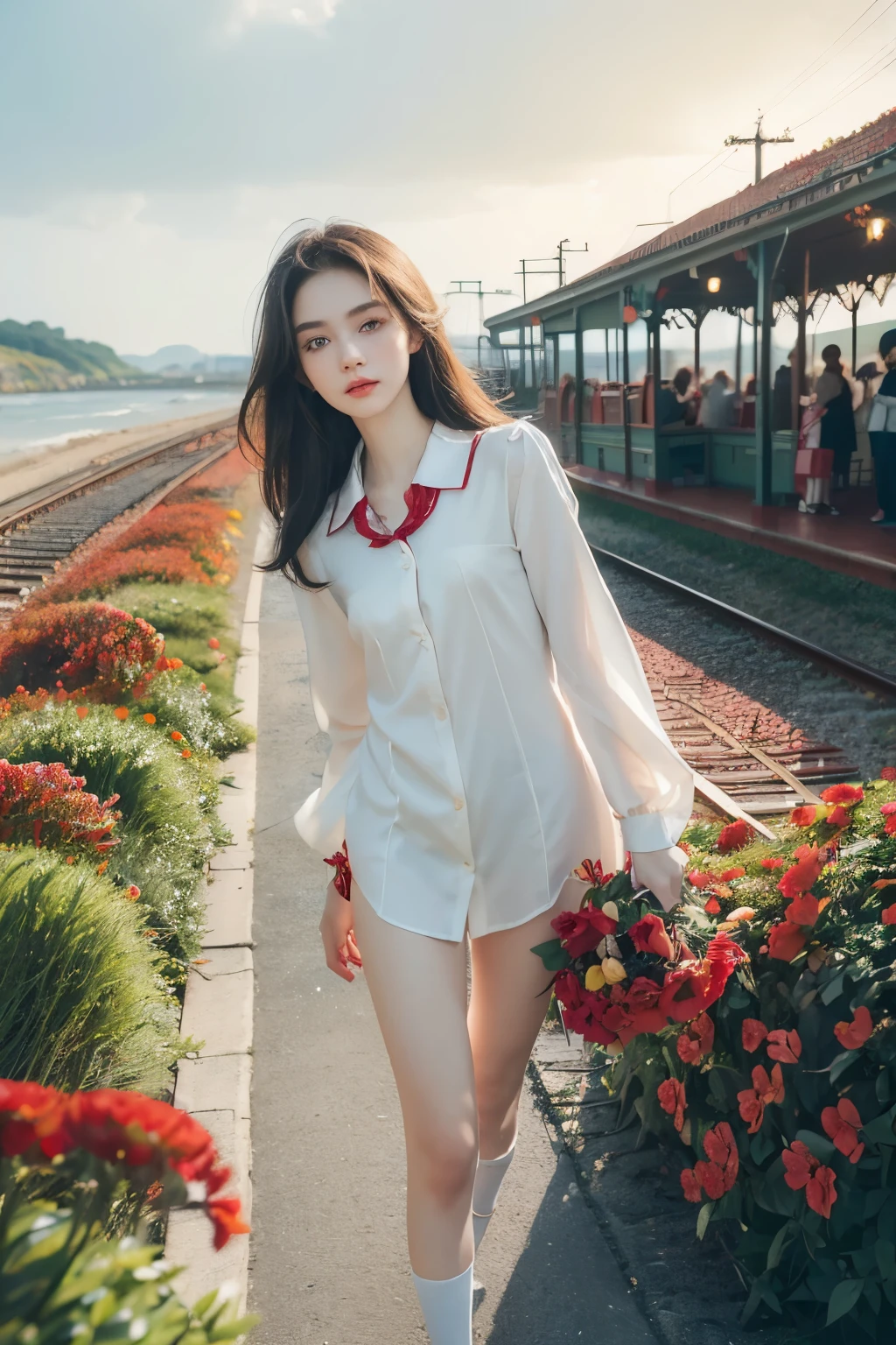 ((((8K))),((Extremely detailed CG)) ,(wallpaper),16K,((Extremely exquisite and beautiful)),(((masterpiece))),(((Best quality))),(((Ultra-high resolution))),Beautiful light,Realistic shadows,(Smooth and flawless fair skin:1.5),(Pale skin:1.3),(Extremely delicate facial details:1.2),(Perfect body:1.1),(Extremely detailed:1.5),((A beautiful girl,Solitary)),(Small head:1.2),(Shoulder length straight bob hair:1.2),(Small face:1.2),(baby face:1.3),(Exquisite makeup:1.2),(Small Breasts:1.2),(flat chest:1.2),((Slim,Thin)),(lol:1.2),(Happy:1.2),(Collared shirt:1.3),(Long sleeve:1.2),(underwear:1.2),(Slender legs:1.3),(sports shoes:1.2),(Day scene:1.2),(cloudy:1.2),(light rain:1.2),(outdoor:1.2),(early spring:1.2),(At the seaside train station full of red flowers:1.5),(On the platform:1.2),(Colorful train:1.3),(Detailed seaside background:1.5),(permanent:1.3),(Upper Body:1.3),(From the front:1.3),(from below:1.2)