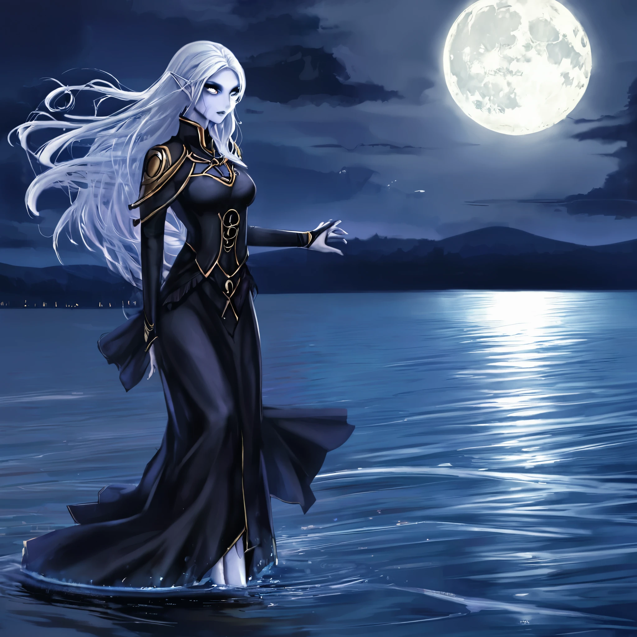 A death elf (female, wispy long hair, pitch black eyes, porcelain white skin, lots of dark veins, sheer dark dress billowing in an evil wind, her feet hover over the ground), moonlit night, she hovers over a lake, zombies shuffle out to serve her