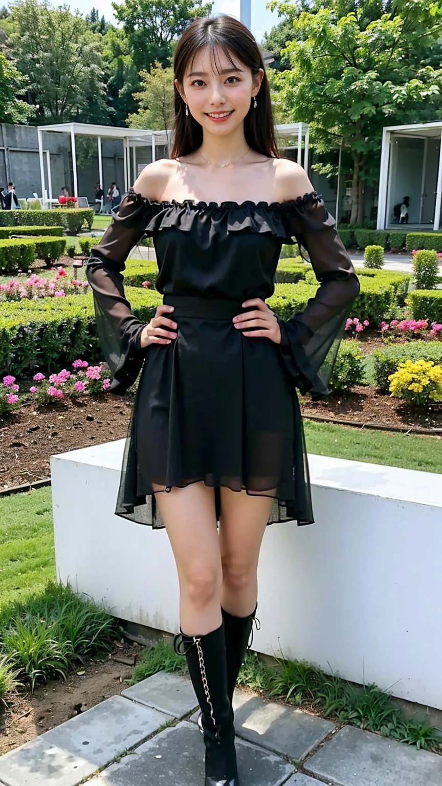 (8k、RAW Photos、highest quality、masterpiece:1.2)、(Realistic、Realistic)、1 girl、((Asymmetrical miniskirt、Large Breasts、The black、Frills、Off the shoulder、See-through、boots、ribbon、smile、garden、View from the front、smile、Standing with hands on hips))、