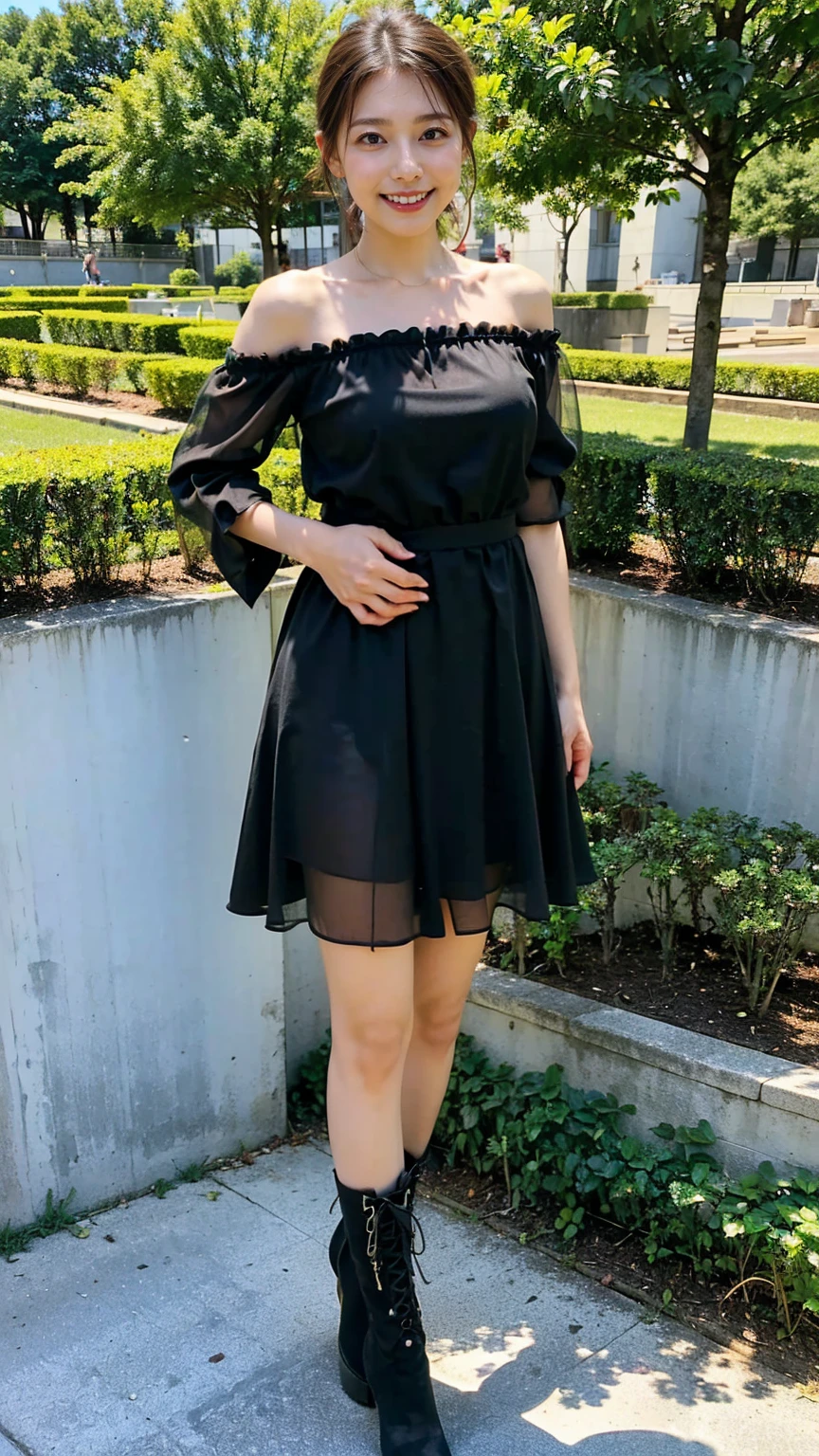 (8k、RAW Photos、highest quality、masterpiece:1.2)、(Realistic、Realistic)、1 girl、((Asymmetrical miniskirt、Large Breasts、The black、Frills、Off the shoulder、See-through、boots、ribbon、smile、garden、View from the front、smile、Standing with hands on hips))、