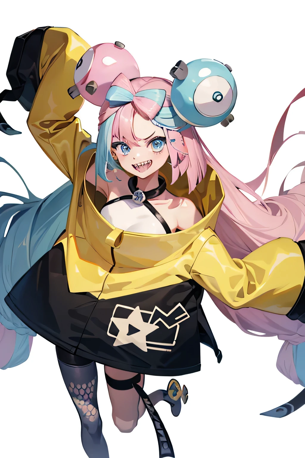 Highest quality、masterpiece、Anime Style、Pink hair and blue eyes、Yellow Jacket、Raise your right hand high、Lower your left hand、Stand with only your right foot、Lift your left leg。Sharp teeth、smile、White background、