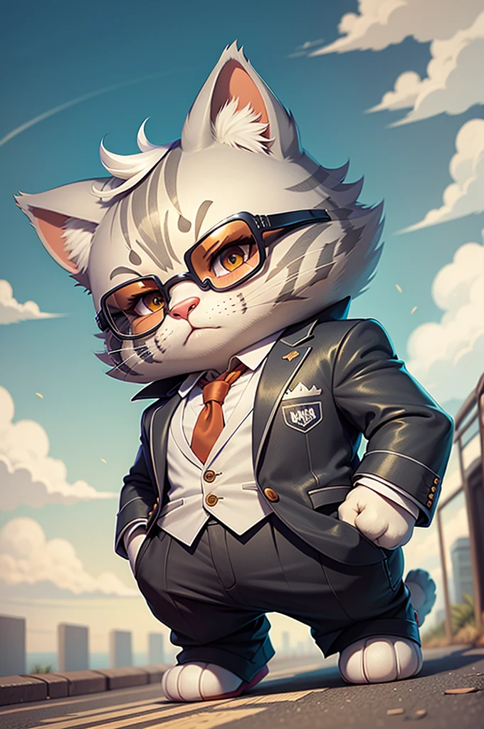 Feel sorry,No Information, Wearing a suit、Cartoon silver tabby cat skateboarding, sunglasses,