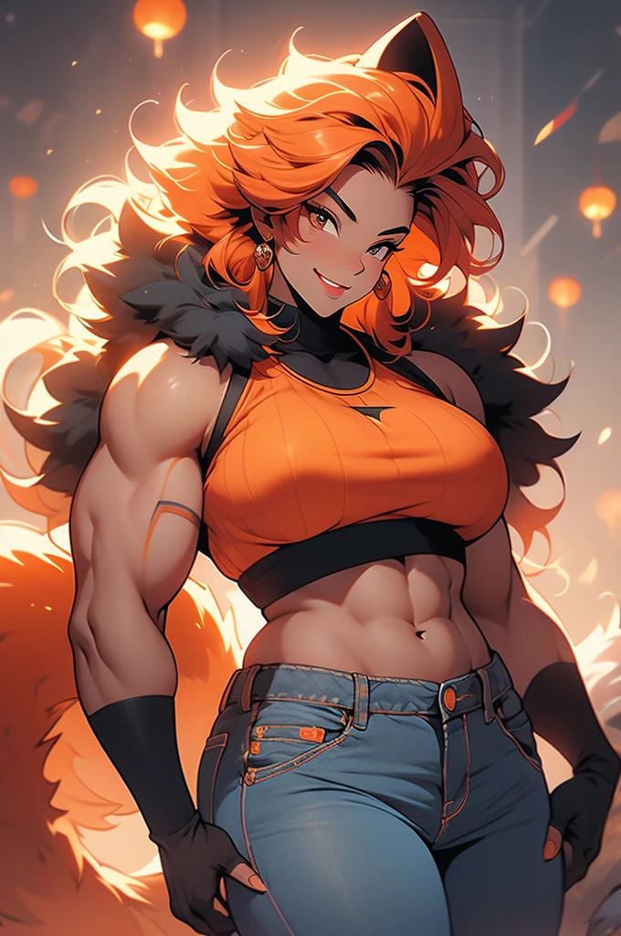 voluptuous, muscular, big woman, catgirl, fiery fur, smirk, crop top, jeans, short hair, sleek tail, tomboy, black skin, latina, orange hair