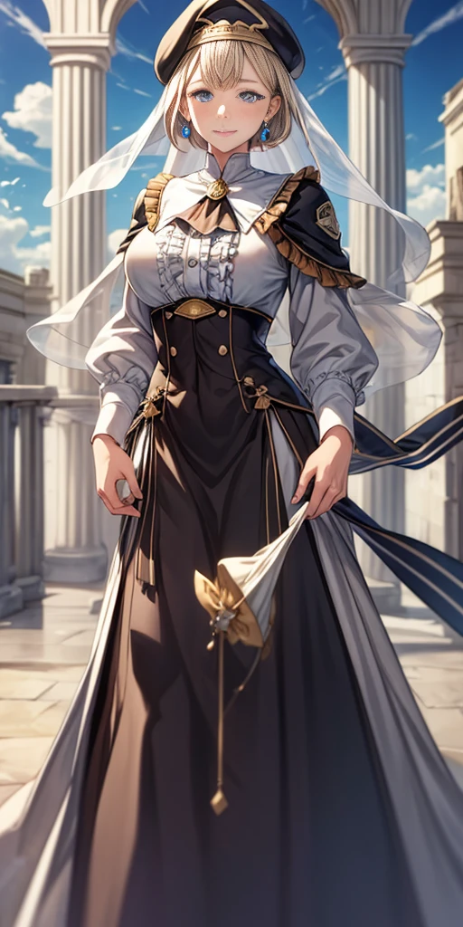 masterpiece, best quality, war, Mercedes, beret, veil, see-through, short hair, blue ascot, long frilled dress, large breasts, looking at viewer, smile, hand on own arm, outdoors, clouds, marble architecture, sky