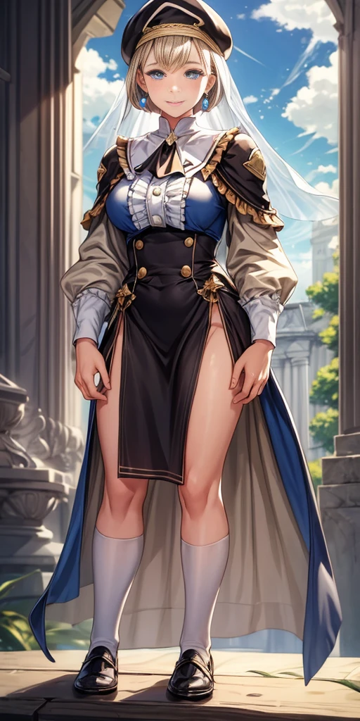 masterpiece, best quality, war, Mercedes, beret, veil, see-through, short hair, blue ascot, long frilled dress, large breasts, looking at viewer, smile, hand on own arm, outdoors, clouds, marble architecture, sky
