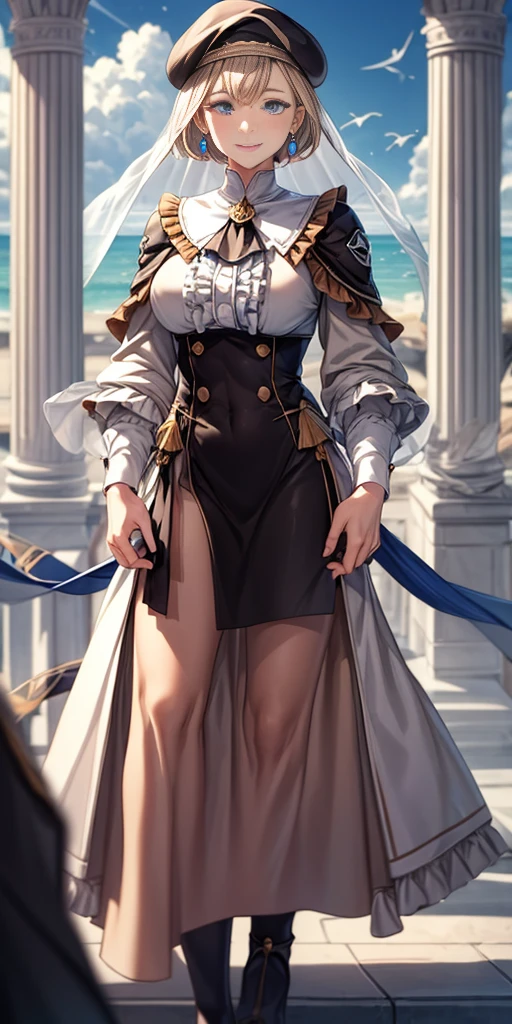 masterpiece, best quality, war, Mercedes, beret, veil, see-through, short hair, blue ascot, long frilled dress, large breasts, looking at viewer, smile, hand on own arm, outdoors, clouds, marble architecture, sky