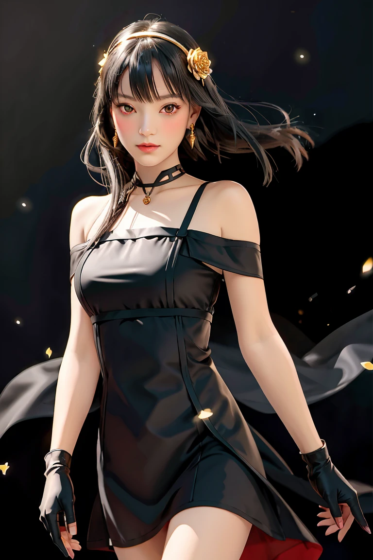 yor briar, (photorealistic), beautiful girl,backlighting, bare shoulders, black background, black dress, black gloves, black hair, breasts, closed mouth, cowboy shot, dress, earrings, expressionless, fingerless gloves, floating hair, gloves, gold earrings, gold hairband, hair flower, hair ornament, hairband, jewelry, large breasts, light particles, long hair, looking at viewer, off-shoulder dress, off shoulder, petals, red eyes, short hair with long locks, sidelocks, solo, spikes, thighs, two-sided dress, two-sided fabric, ((masterpiece))