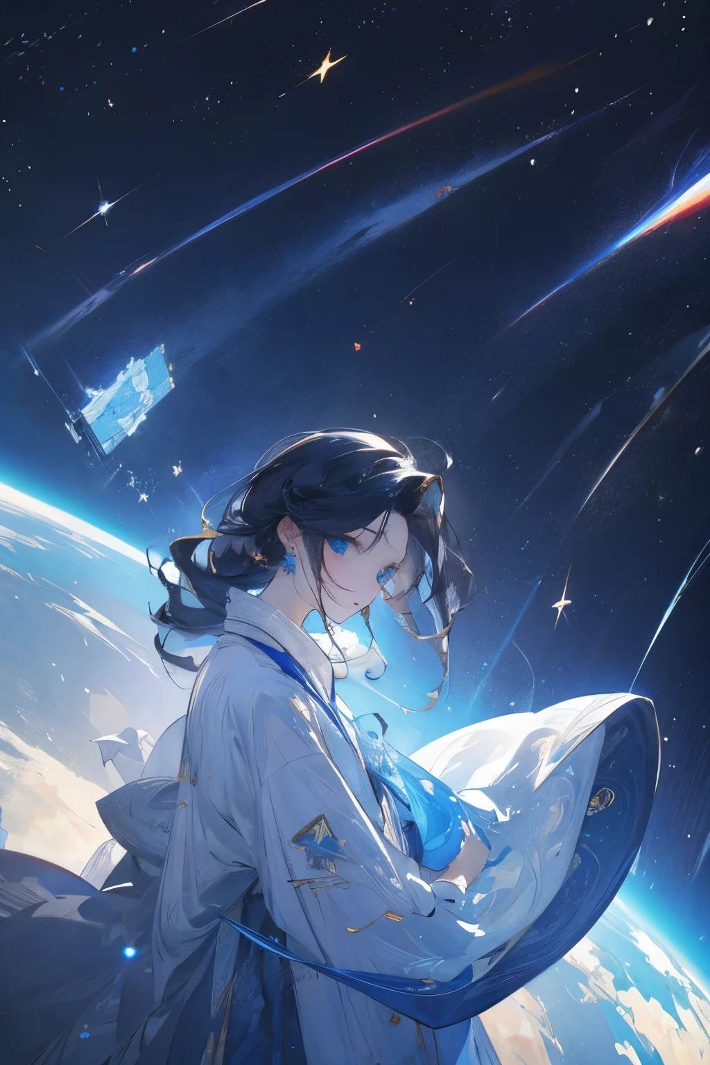 Una chica,en el espacio,Sentada,mirando las estrellas