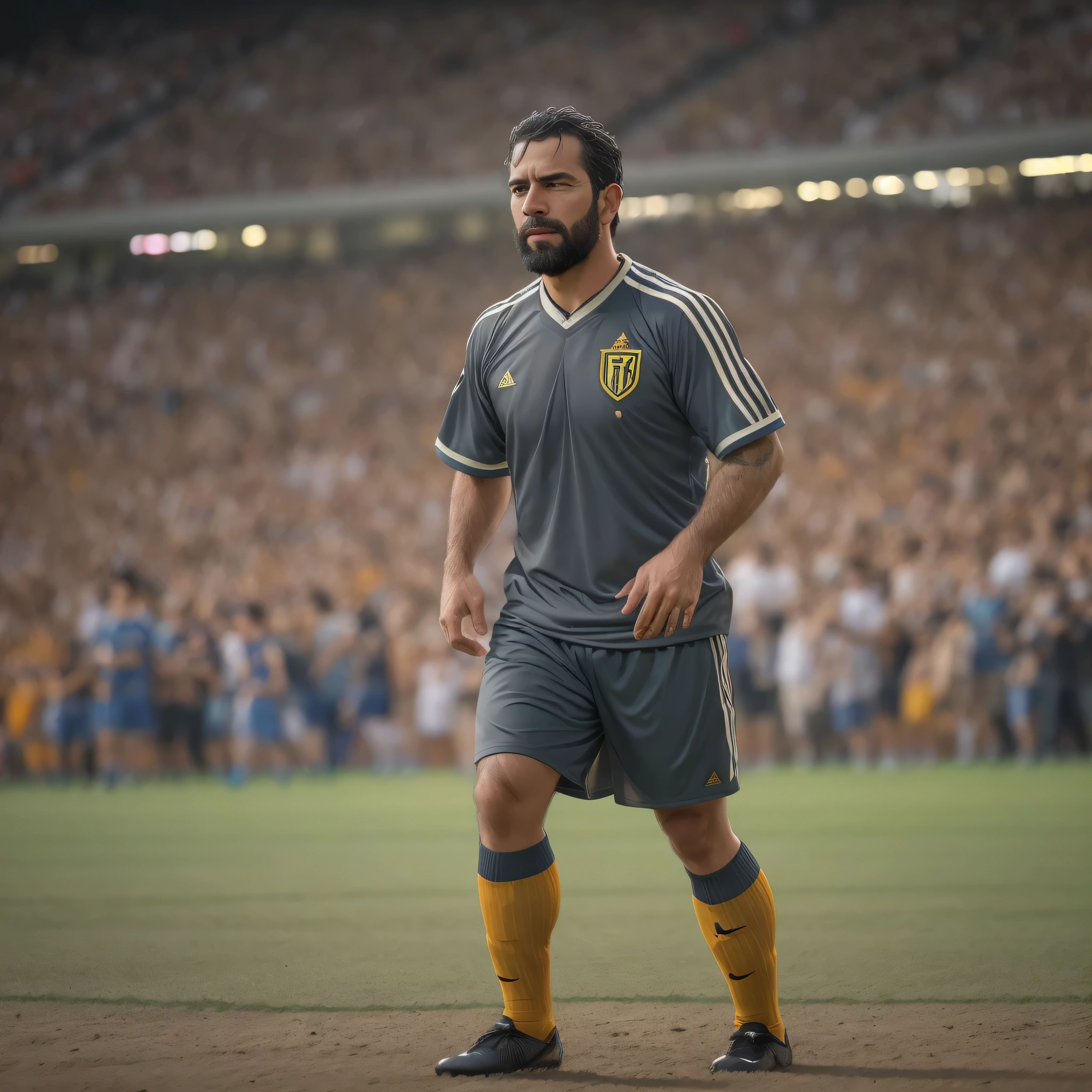 {
"prompt": "a 38 year old man, con barba y lentes de sol, appears as the protagonist in a scene of a soccer match. It is a medium shot focusing on the upper part of the body. The man stands in a stadium full of vibrant fans, con gradas repletas y banderas ondeando. He wears a soccer uniform with a t-shirt, pantalones cortos y calcetas largas, todo en los colores del equipo. He is sweating and his expression is focused and determined.. En el fondo, you can see teammates and opponents in action, the green grass of the field and the lights of the stadium illuminating the scene. The atmosphere is intense and exciting, capturing the passion and energy of a great football match."
}