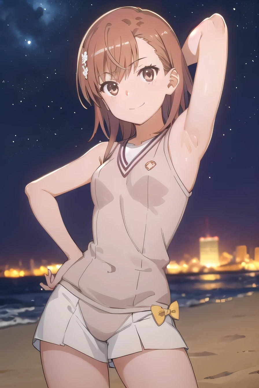 (((pixel-perfect, detail-perfect))), solo, 1girl, misaka mikoto, tokiwadai , bow, looking at viewer, closed mouth, looking at viewer, smile, showing armpit, looking at viewer, solo, contrapposto, spread armpit, arm behind head, hand on hip, smile, looking at viewer, (cowboy shot:1.5), closed mouth, night sky, beach, best quality,