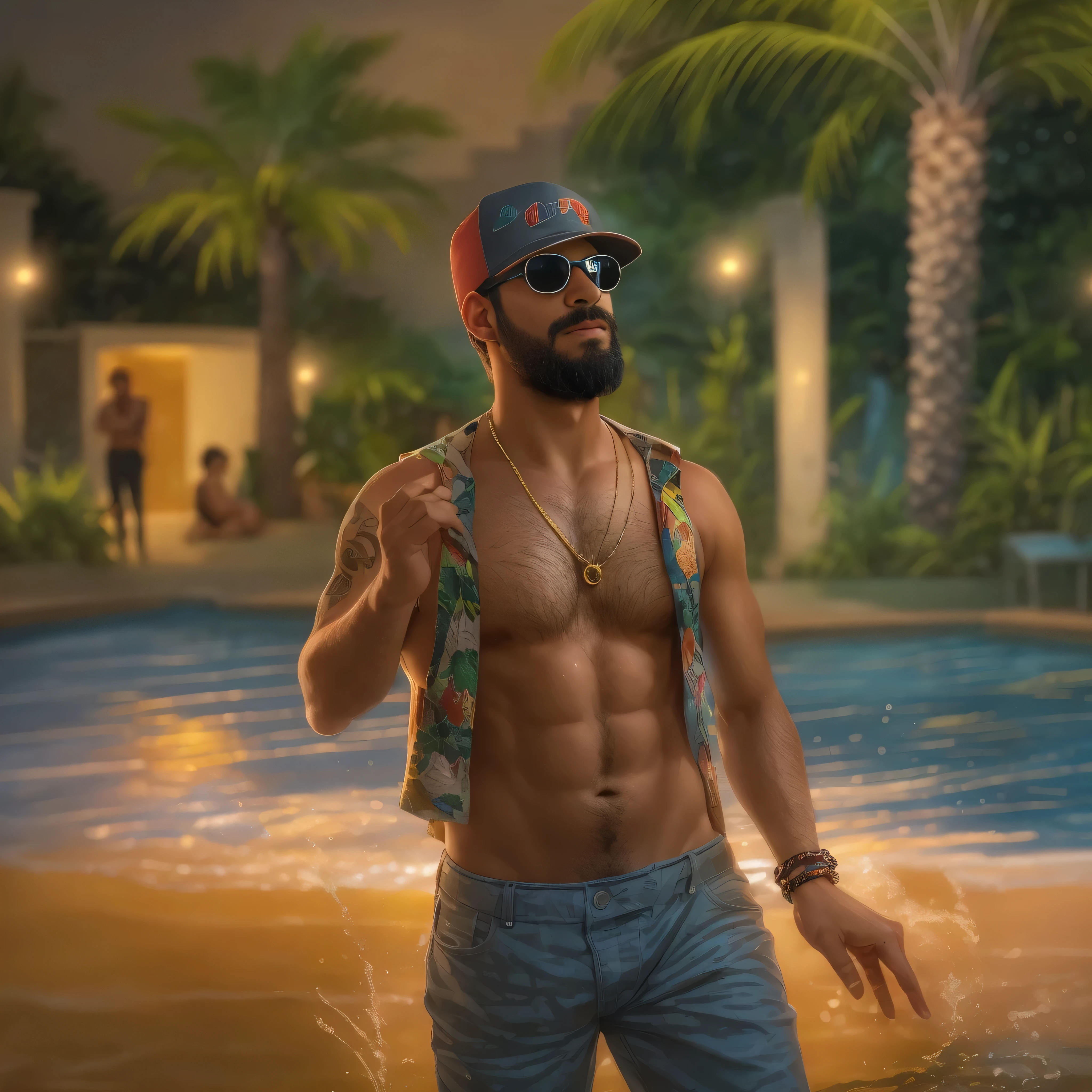 {
"prompt": "a 38 year old man, con barba y lentes de sol, appears as the protagonist in a scene of a reggaetón video. It is a medium shot focusing on the upper part of the body. The man is at a party in a luxurious villa next to a swimming pool, rodeado de personas bailando y disfrutando. Lleva una camiseta sin mangas ajustada, gold necklaces and a backwards cap, mostrando un estilo moderno y urbano. Vibrantly colored neon lights illuminate the scene and reflect in the pool water. The atmosphere is festive and energetic, con palmeras y un cielo nocturno estrellado en el fondo. The sound of reggaeton is felt in the air while everyone dances and has fun."
}