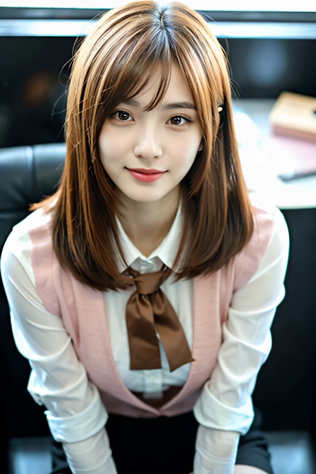 (RAW photo, best quality), (realistic, photo-realistic:1.3), masterpiece, an extremely delicate and beautiful, extremely detailed, CG, unity , 2k wallpaper, Amazing, finely detail, light smile, extremely detailed CG unity 8k wallpaper, huge filesize, ultra-detailed, highres, absurdres, soft light, (((medium hair:1.3), short bang, pink hair, floating hair novafrogstyle)), beautiful detailed girl, detailed fingers, extremely detailed eyes and face, beautiful detailed nose, beautiful detailed eyes, long eyelashes, light on face, looking at viewer, (closed mouth:1.2), 1girl, cute, young, mature face, (full body:1.3), ((small breasts)), realistic face, realistic body, beautiful detailed thigh, (ulzzang-6500-v1.1:0.8), business suit, cross-laced clothes, collared shirt, open clothes, in office, detailed office, open cardigan, black thighhighs, miniskirt, black underwear, unbuttoned shirt,