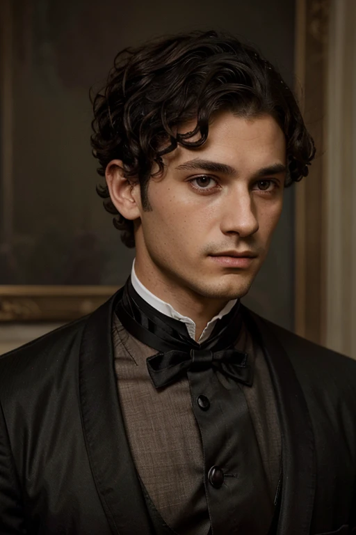24 year old man. Prince of the United Kingdom of the 1800s. Black complexion, one eye green and the other brown, short curly hair. Tall, elegant, serious, dark circles, tired eyes. Bridgerton Style