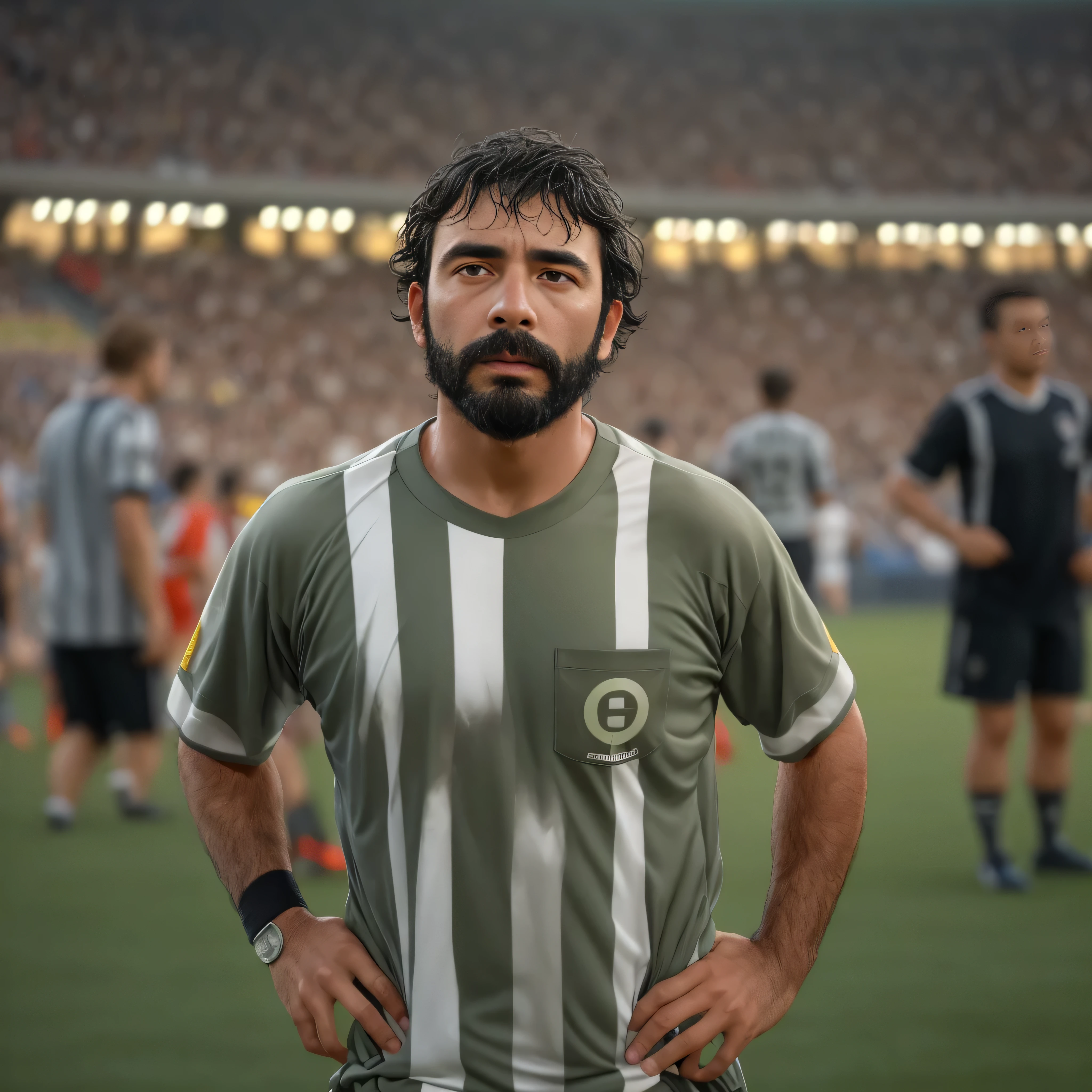 {
"prompt": "a 38 year old man, con barba y lentes de sol, appears as the protagonist in a scene of a soccer match. It is a medium shot focusing on the upper part of the body. The man stands in a stadium full of vibrant fans, con gradas repletas y banderas ondeando. He wears a soccer uniform with a t-shirt, pantalones cortos y calcetas largas, todo en los colores del equipo. He is sweating and his expression is focused and determined.. En el fondo, you can see teammates and opponents in action, the green grass of the field and the lights of the stadium illuminating the scene. The atmosphere is intense and exciting, capturing the passion and energy of a great football match."
}