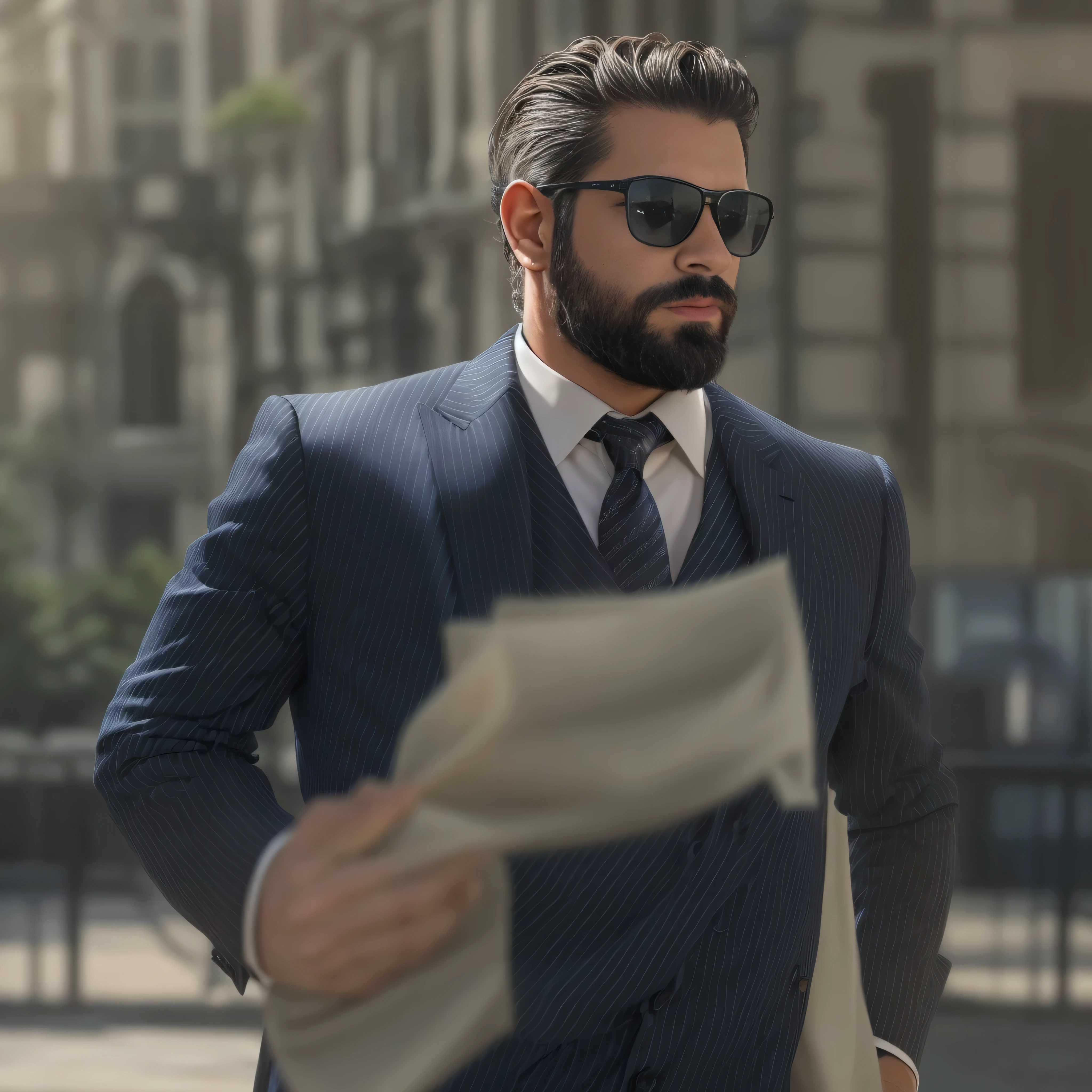 {
"prompt": "Create an image of a stylish 38-year-old man with light brown skin and a well-groomed beard, wearing sunglasses. He is dressed in elegant clothing: a tailored navy blue blazer, a crisp white dress shirt, a silk pocket square, and a sleek black tie. The man should be depicted in a medium shot, focusing on his upper body, exuding confidence and sophistication. The background should be a minimalist, urban setting to highlight his fashionable appearance."
}