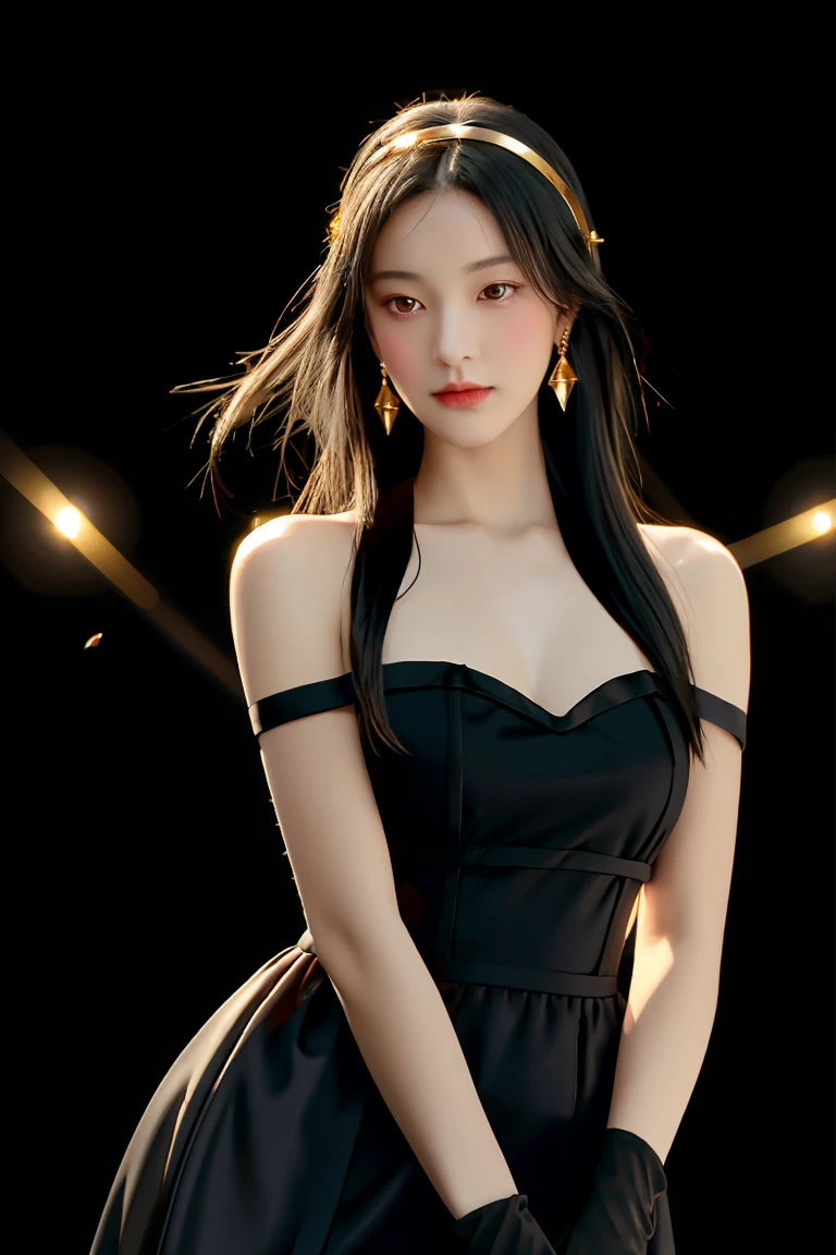 yor briar, (photorealistic), beautiful girl,backlighting, bare shoulders, black background, black dress, black gloves, black hair, breasts, closed mouth, cowboy shot, dress, earrings, expressionless, fingerless gloves, floating hair, gloves, gold earrings, gold hairband, hair flower, hair ornament, hairband, jewelry, large breasts, light particles, long hair, looking at viewer, off-shoulder dress, off shoulder, petals, red eyes, short hair with long locks, sidelocks, solo, spikes, thighs, two-sided dress, two-sided fabric, ((masterpiece))