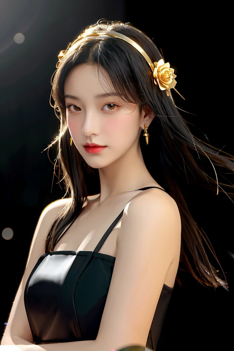yor briar, (photorealistic), beautiful girl,backlighting, bare shoulders, black background, black dress, black gloves, black hair, breasts, closed mouth, cowboy shot, dress, earrings, expressionless, fingerless gloves, floating hair, gloves, gold earrings, gold hairband, hair flower, hair ornament, hairband, jewelry, large breasts, light particles, long hair, looking at viewer, off-shoulder dress, off shoulder, petals, red eyes, short hair with long locks, sidelocks, solo, spikes, thighs, two-sided dress, two-sided fabric, ((masterpiece))