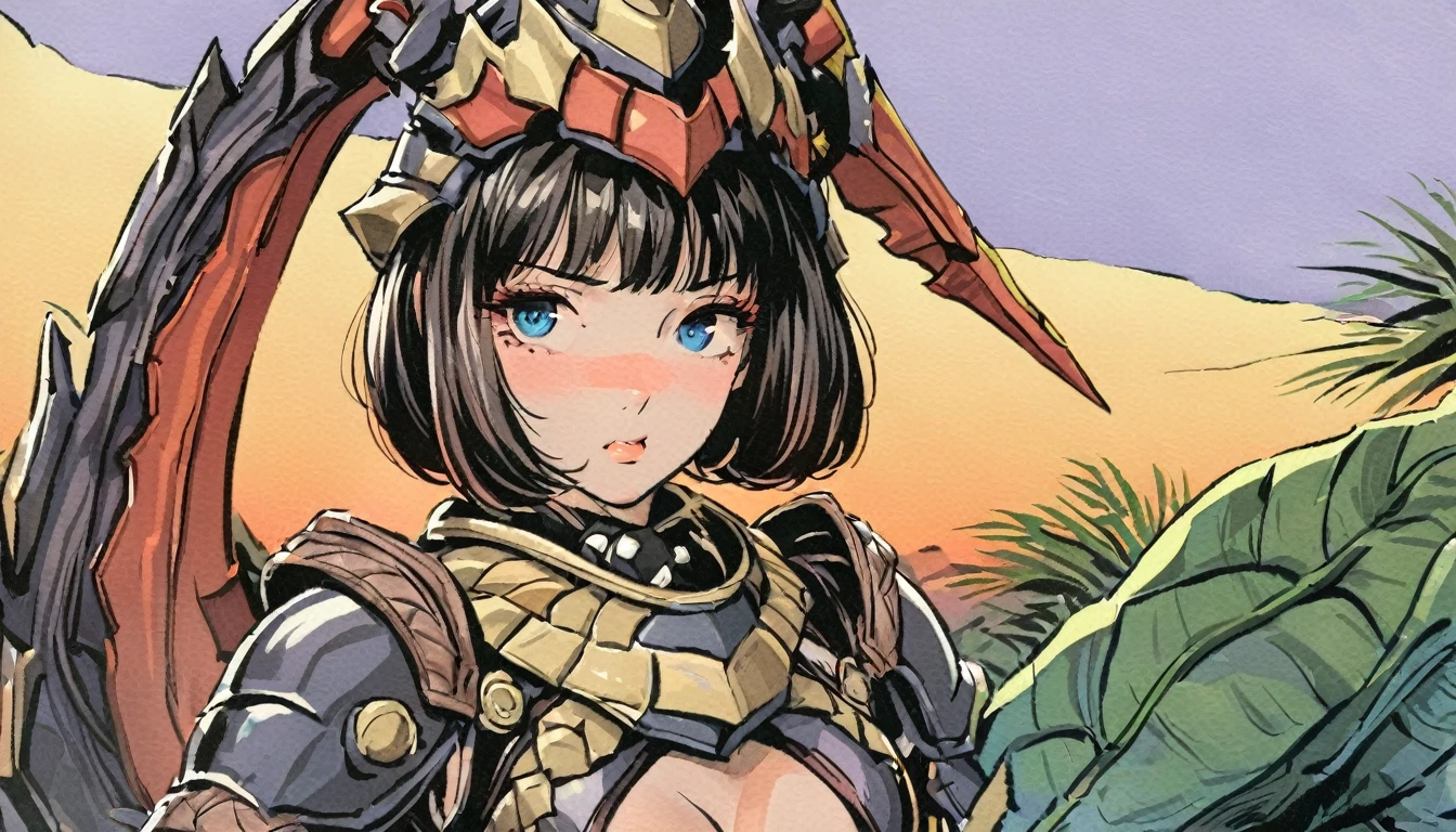 1girl, expressive eyes, short hair, tanned skin, in rathalos armor, big jungle in sunset in background, detail richness, masterpiece, best quality, monster hunter style