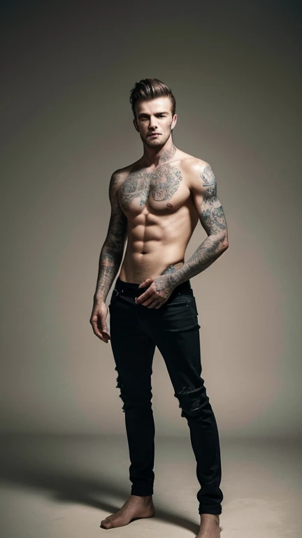 David Beckham, Vintage dirty gray background, potted, Detailed body, Color images, (((((full body view))))), surreal photography, looking over her shoulder, leaked, no shirt, from head to toe, Homoerotic, There is a young man with a tattoo on his arm, digital arts, inspired by Victor Surbek, flickr, Digital Art, Mixed media photography, Highly conceptual figurative art, photo portrait, feathers, Growing out of hand, photo manipulation, Surreal portrait photography, photomanipulation, surreal photography, Digital collage, creative photo manipulation, Surrealist conceptual art
