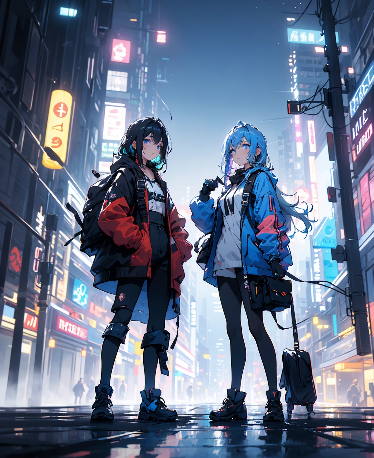 (masterpiece), (highest quality), Ultra-high resolution, Sharp focus, ((1 female, alone)), whole body, Cyberpunk Theme, Beautiful detailed hair, Light blue hair, long hair hangs down, Beautifully detailed face, ((Beautifully shaped eyes, Blue Eyes)), Perfect feminine face, View your viewers, Feminine navy blue enamel cyberpunk outfit,refined armor,Backpack,gloves,Armored Long Boots、,Neon lights in the city of bright colors, (At night:1.2)