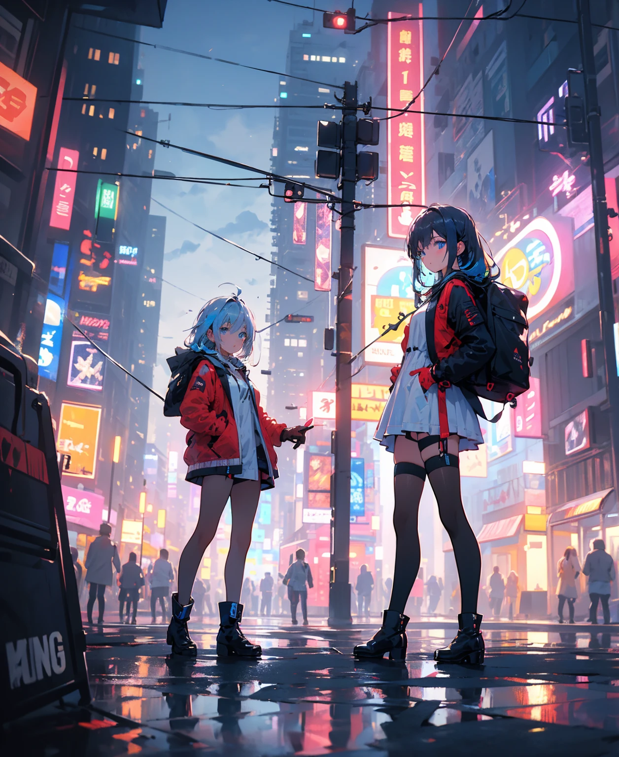 (masterpiece), (highest quality), Ultra-high resolution, Sharp focus, ((1 female, alone)), whole body, Cyberpunk Theme, Beautiful detailed hair, Light blue hair, long hair hangs down, Beautifully detailed face, ((Beautifully shaped eyes, Blue Eyes)), Perfect feminine face, View your viewers, Feminine navy blue enamel cyberpunk outfit,refined armor,Backpack,gloves,Armored Long Boots、,Neon lights in the city of bright colors, (At night:1.2)