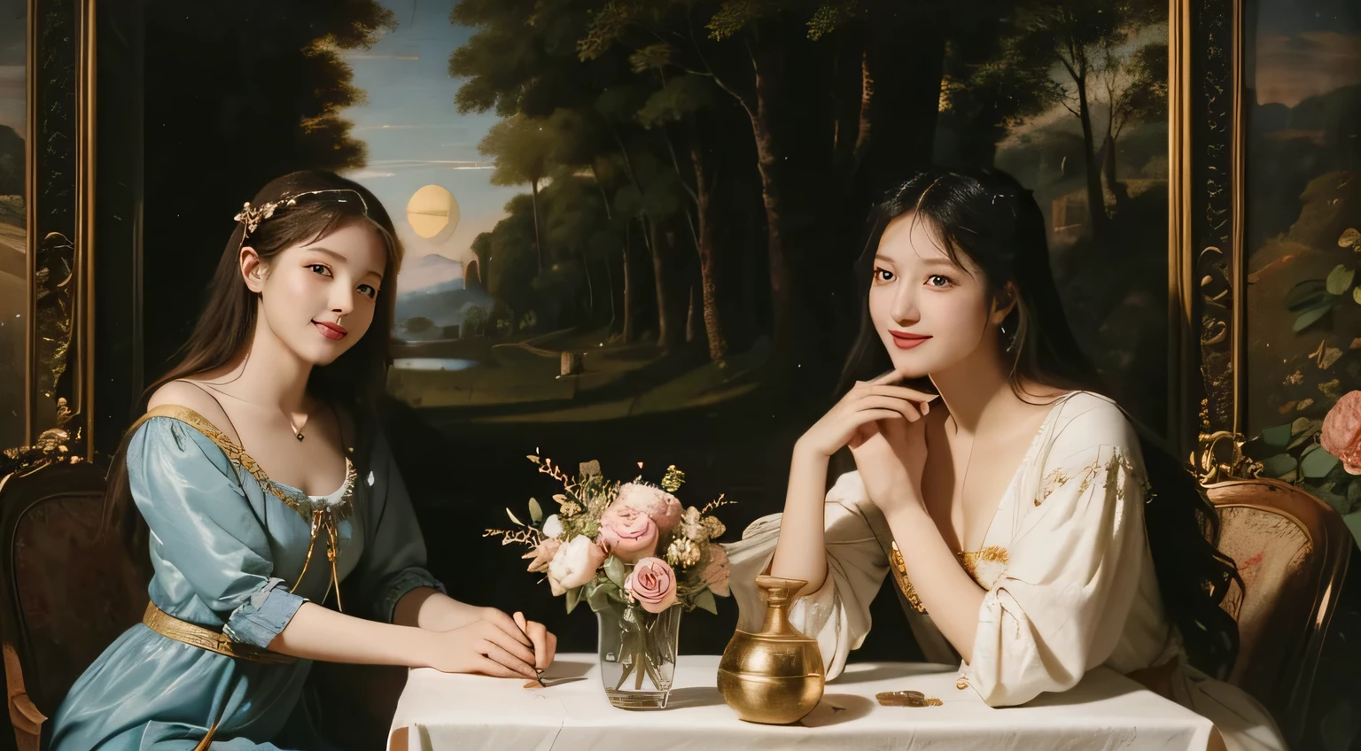 Giorgione painting style,Arguments of two female Philosophe,math、astronomical machine、astronaut、roses in vase、fruits、Cute trinkets、smile、ancient greek costume、Background is a forest lake at night 、Clothes that stretch your shou