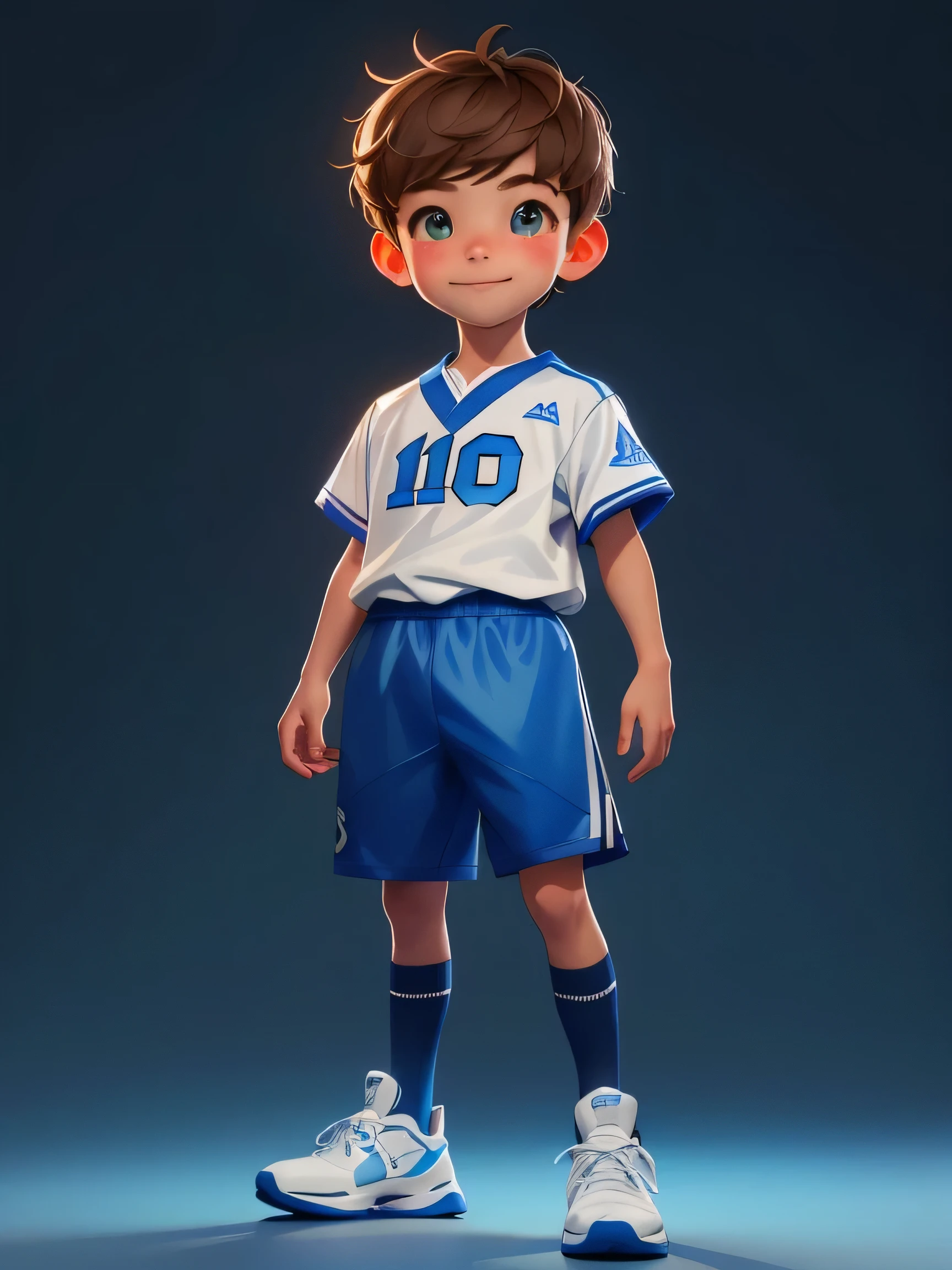 10 year old boy,Full body portrait,masterpiece,highest quality,((Realistic:1.4))masterpiece,(masterpiece,Best quality),Wearing blue and white jersey,black basketball shoes,basketball,Exquisite eyes,Happy smile,Happy smile,Happy smile,Clean background,Delicate gloss,8K,c4d,Rendering,Implications,Very delicate and beautiful,Highly detailed CG,8K wallpaper,amazing,Meticulous attention to detail,Highly detailed CG Unity 8K wallpapers,Super Detail,超high resolution,high resolution,Very detailed,((Very detailed eyes and face)),Beautiful and delicate eyes,The face is very delicate, perfect ligthing,face light,Natural Colors,((10 year old boy)),View from the headlights,Full body portrait,Full body portrait