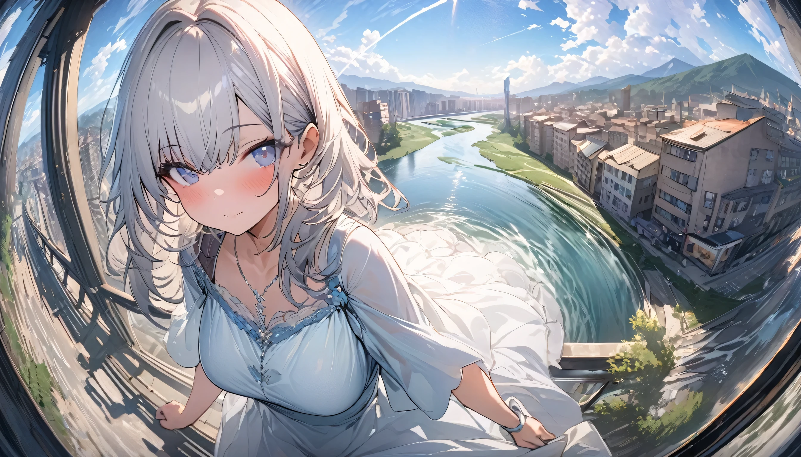 ((masterpiece:1.4, best quality)),((masterpiece, best quality)),(fisheye:1.5),cute girl walking, gazing at a crumbling cityscape of towering buildings and highways from a stairway,(overlooking:1.3),river,waterfall,valley,fine silver hair,blue sky,looking at viewer,magnificent view,lens flare,dress,upper body