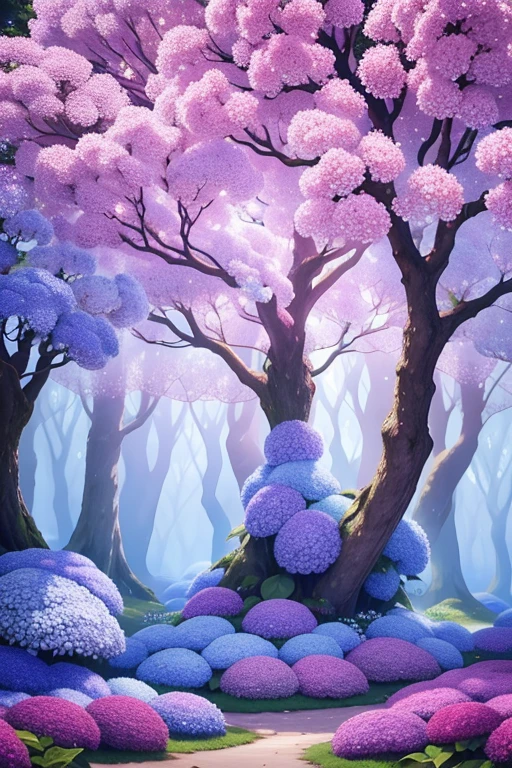 In a serene and enchanting landscape devoid of human presence, an expansive hydrangea flower thrives in the heart of a whimsical fantasy realm. This floral marvel, adorned with vibrant hues of blue, pink, and purple, unfurls its petals freely under the soft, diffused sunlight that filters through the gaps of a surrounding canopy of ancient, mythical trees. The delicate yet intricate structure of the hydrangea flower glows with an otherworldly luminescence, as though imbued with the magic of this fantastical forest.

The air is alive with the subtle scent of blooming hydrangeas, mingling del