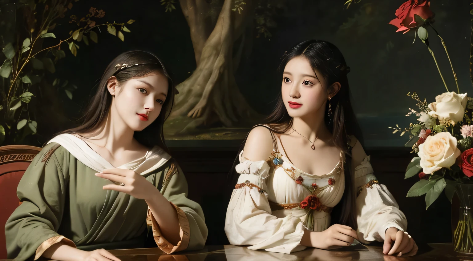 Giorgione painting style,Arguments of two female Philosophe,math、astronomical machine、astronaut、roses in vase、fruits、Cute trinkets、smile、ancient greek costume、Background is a forest lake at night 、Clothes that stretch your shou