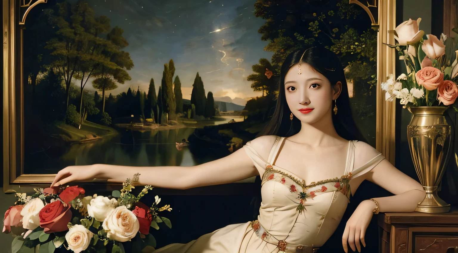 Giorgione painting style,Arguments of two female Philosophe,math、astronomical machine、astronaut、roses in vase、fruits、Cute trinkets、smile、ancient greek costume、Background is a forest lake at night 、Clothes that stretch your shou