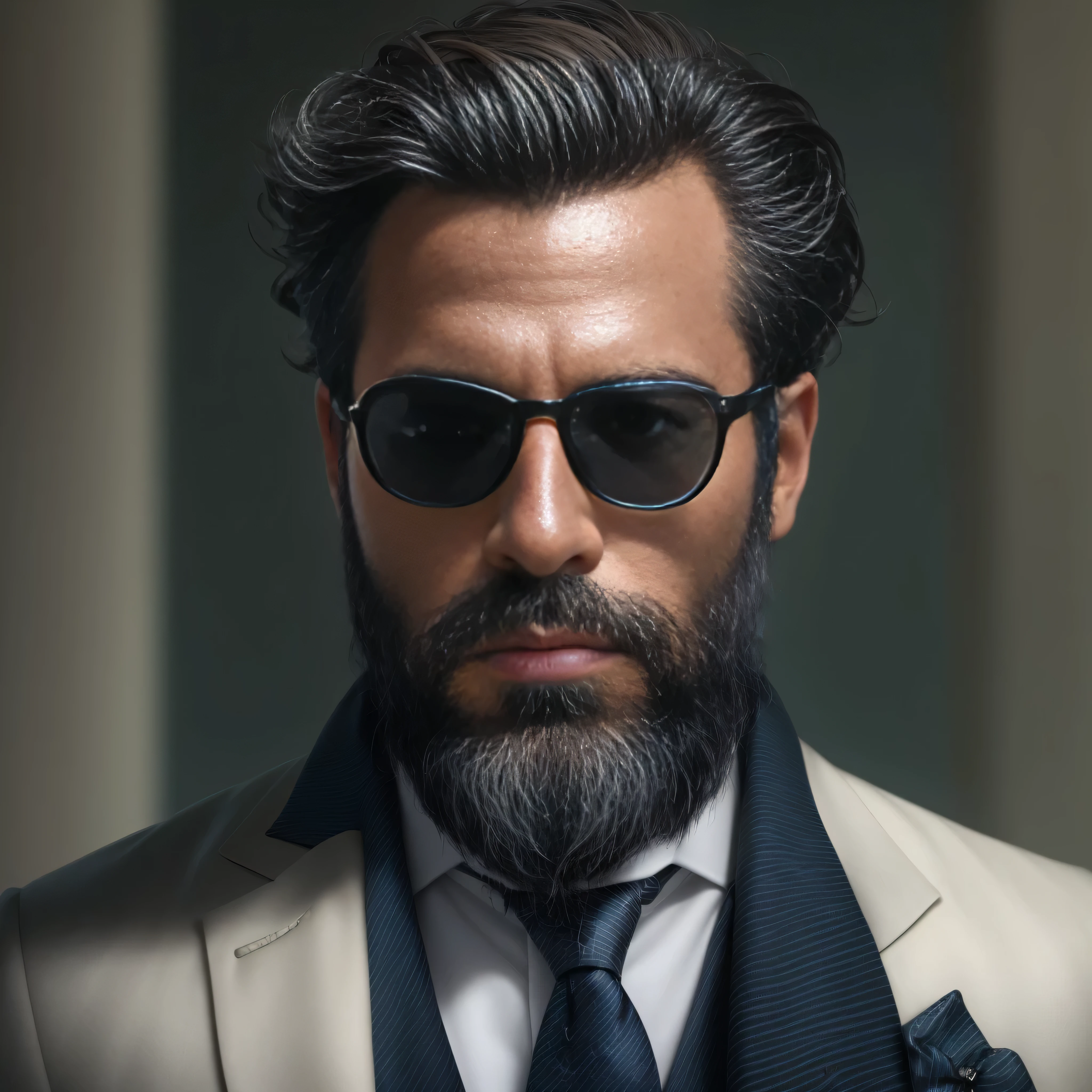 {
"prompt": "Create an image of a stylish 38-year-old man with light brown skin and a well-groomed beard, wearing sunglasses. He is dressed in elegant clothing: a tailored navy blue blazer, a crisp white dress shirt, a silk pocket square, and a sleek black tie. The man should be depicted in a medium shot, focusing on his upper body, exuding confidence and sophistication. The background should be a minimalist, urban setting to highlight his fashionable appearance."
}