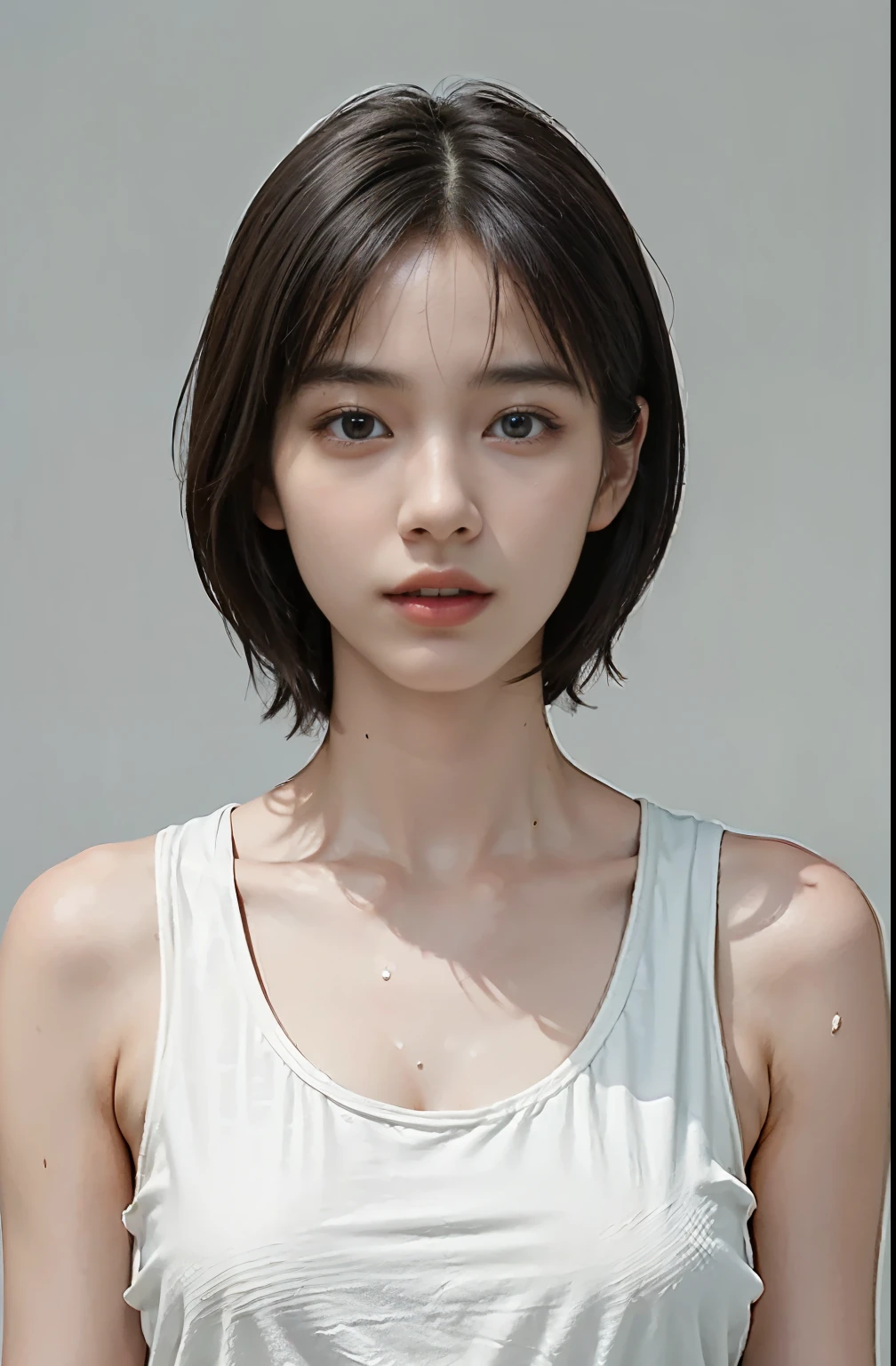 (Ultra Real), (figure), (High resolution), (8K), (very detailed), (Best figure), (beautiful and fine eyes), (highest quality), (Super detailed), (masterpiece), (wallpaper), (detailed face), droopy eyes, sweaty, upper body up, armpit, short hair, inner color, alone, Simple White Tank Top Girl, 