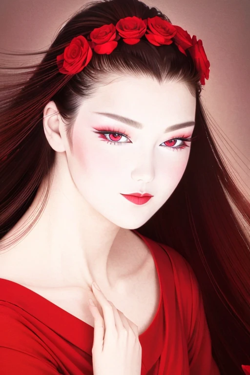 (masterpiece),(highest quality:1.0), (Ultra-high resolution:1.0), Detail view, 8k, anime, One girl, beautiful anime girl, Wearing a red dress, Flower Crown, Pretty face, Detailed face, Beautiful Eyes, Fine grain, Dark red eyes, Bright red lips, Red lipstick, Beautiful and stylish hair, Hair highlights, bangs anime style, highest quality, Vibrant