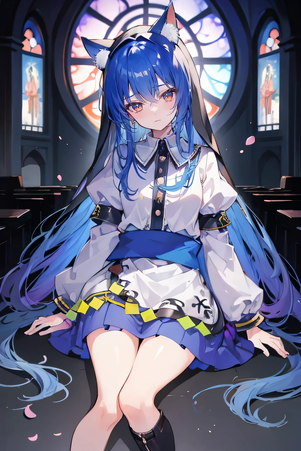 (masterpiece:1.2),Extremely detailed,Practical,expressive eyes,Fair skin,Perfect face shaping,1 Girl,
Japanese cartoons,Gorgeous blue hair, the long flowing blue hair,Floating clothes,Cat ears,Petals fall,beautiful lola,Angel,
Place your hands on your waist,sit elegantly on the ground,Cross your legs,Gentle and peaceful background,stately church,nun.