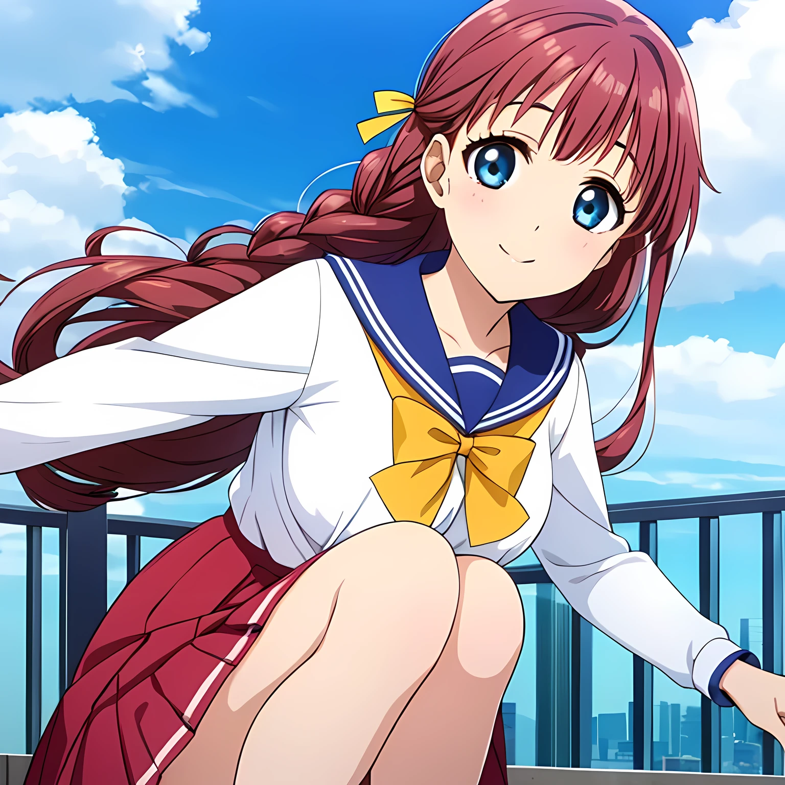 (highest quality, masterpiece:1.2), highest quality, High resolution, 1080p, 8K, CG of the heroine of a beautiful girl game, Height: 158cm, A beautiful heroine falls from the clear blue sky with a smile, A face that everyone loves, Glossy lips, Even bangs, Double, Long eyelashes, Long lower lashes, Big wide blue eyes, The very large and thick yellow ribbon bowtie is very cute., Beautiful, shiny red long hair, A neat red pleated skirt that reaches down to the knees, ((Sailor suit with red collar)), ((A white blouse with a slight red tint)), Ribbon in hair, Thick calves, Tight waist, Many navy blue pleated skirts fall, Approaching the viewer with open arms, Shooting from below