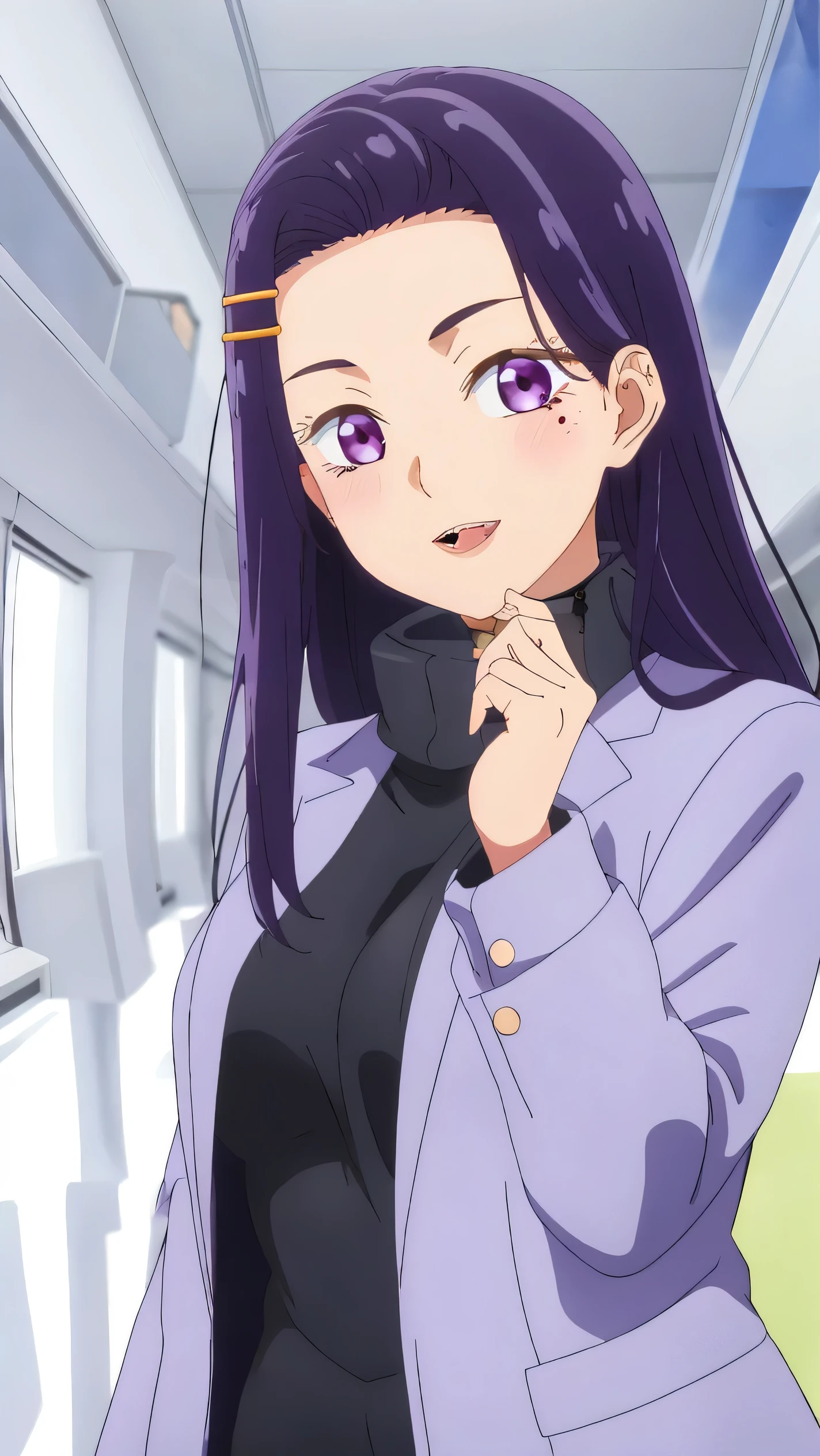 ((best quality)),((highly detailed)),masterpiece,absurdres,detailed face,beautiful face,(detailed eyes, deep eyes),1girl,((dynamic pose)) ,  Sayuri, purple eyes, mole under eye, mole, purple hair, long hair, hair ornament, looking at viewer, jacket, smile, breasts, solo, hairclip, shirt, holding, parted lips, long sleeves, sweater, white shirt, collared shirt, upper body, large breasts, black sweater, medium breasts, indoors, black shirt, blush, open mouth, bangs, teeth, lips