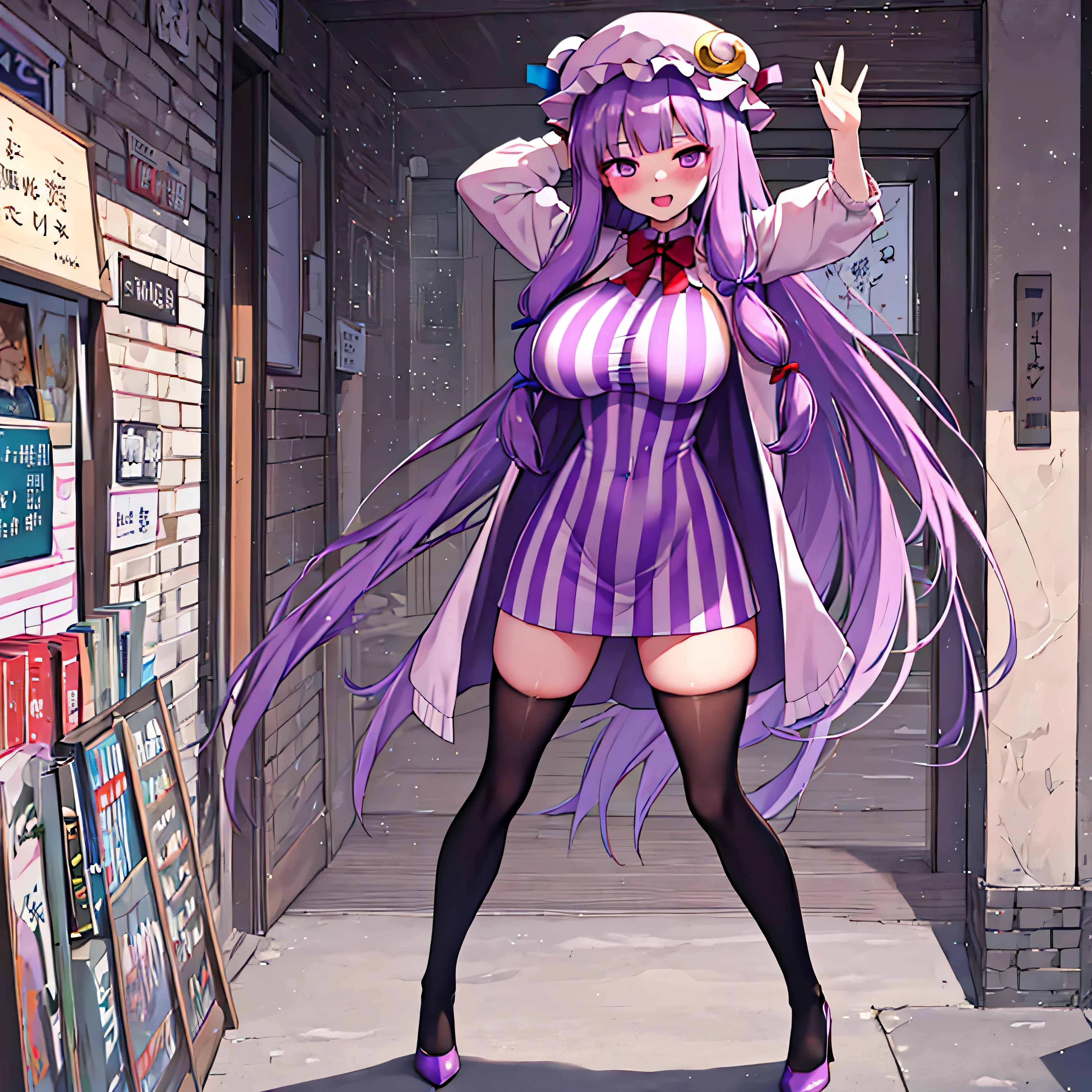 (solo), (Patchouli toho character:1.2), (standing at lakeside forest alone), outside, (standing with open legs wide:1.5), (arms behind back), swaying back, stretch legs, tiptoe, BREAK, (disproportionately gigantic huge breasts:1.2), inconceivably narrow waist, very short torso, (skinny long legs apart:1.2), BREAK, capelet, sheer short dress, very short skirt, thigh gap, (black thighhighs:1.2), stiletto heels, BREAK, smile for viewer, open mouth, nose blush, full body, pussy juice, (orgasm), (nsfw:0.5)