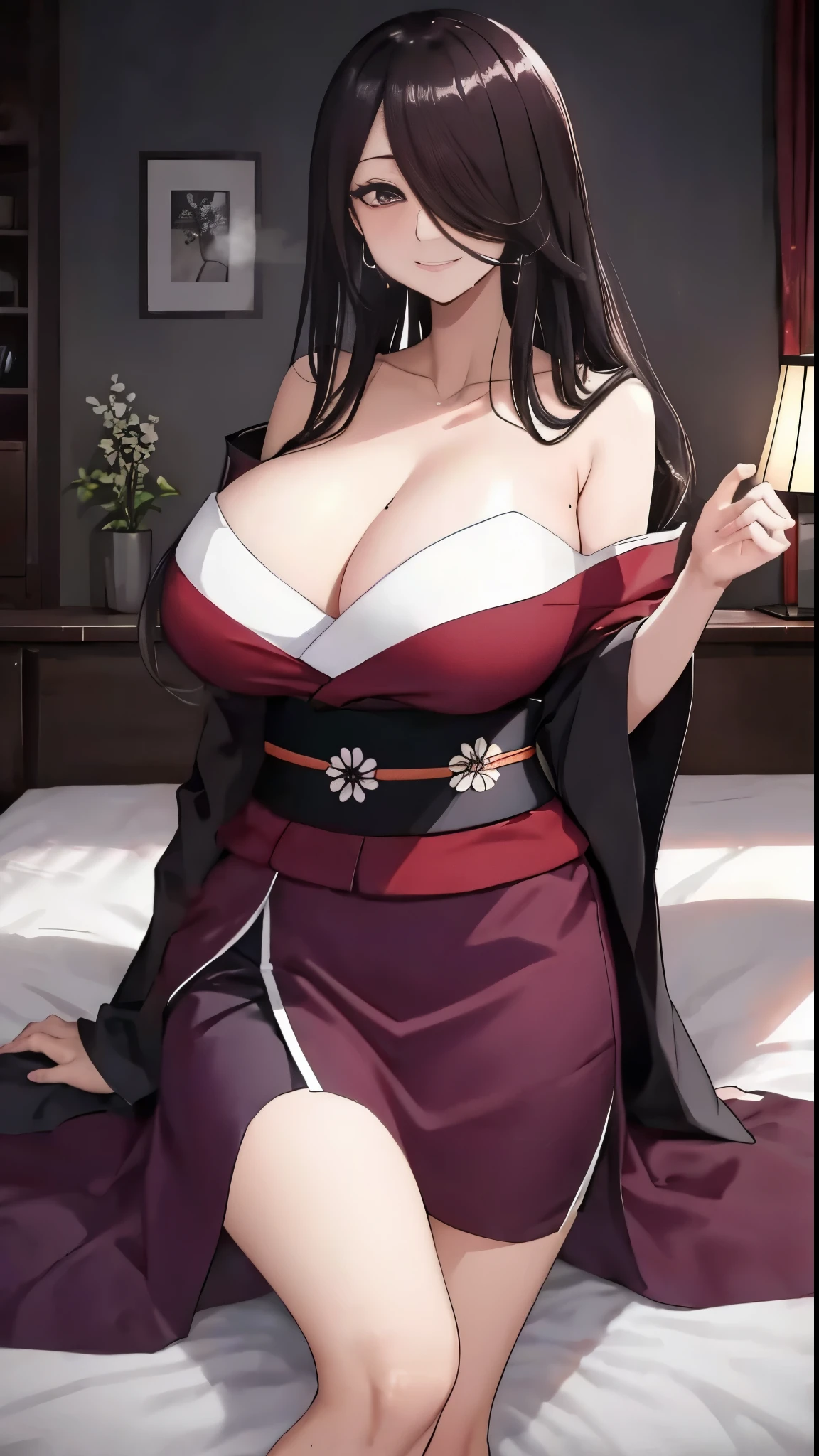 
Ultra HD、super high quality、masterpiece、high-end、SSS class), 
Hair on one eye,
(kimono:1.28),
smile,Mouth closed,
Lady,Mature Woman, Cowboy Shot,
(Dark Room:1.5, Love hotel beds in Japan:1.5, Detailed Background:1.18),
High resolution,Official Art,original,masterpiece,highest quality,
(Huge breasts),
 (Oily skin),((steam,sweat)), Lying on the bed in a sexy pose