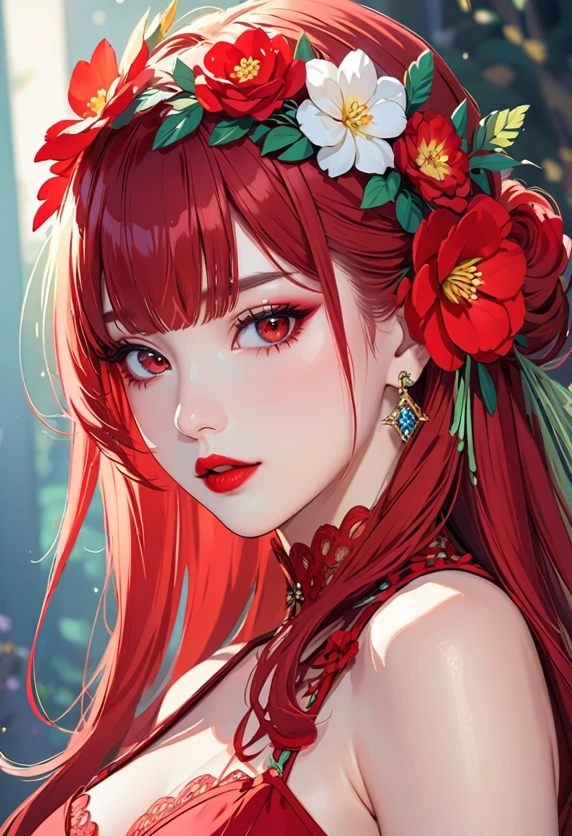 (masterpiece),(highest quality:1.0), (Ultra-high resolution:1.0), Detail view, 8k, anime, One girl, beautiful anime girl, Wearing a red dress, Flower Crown, Pretty face, Detailed face, Beautiful Eyes, Fine grain, Dark red eyes, Bright red lips, Red lipstick, Beautiful and stylish hair, Hair highlights, bangs anime style, highest quality, Vibrant