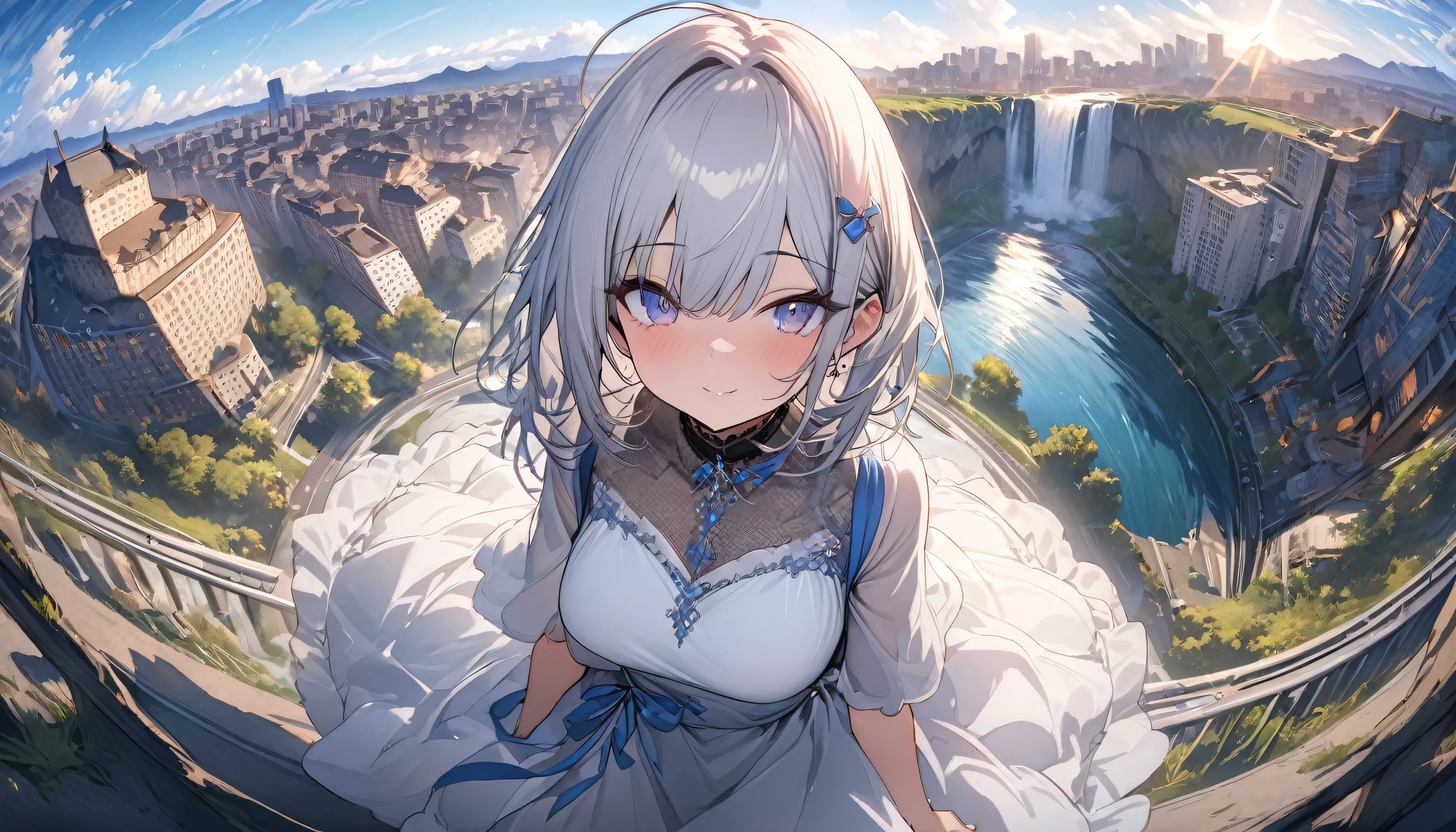 ((masterpiece:1.4, best quality)),((masterpiece, best quality)),(fisheye:1.5),cute girl walking, gazing at a crumbling cityscape of towering buildings and highways from a stairway,(overlooking:1.3),river,waterfall,valley,fine silver hair,blue sky,looking at viewer,magnificent view,lens flare,dress,upper body