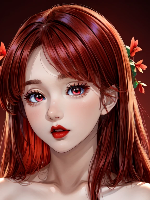 (masterpiece),(highest quality:1.0), (Ultra-high resolution:1.0), Detail view, 8k, anime, One girl, beautiful anime girl, Wearing a red dress, Flower Crown, Pretty face, Detailed face, Beautiful Eyes, Fine grain, Dark red eyes, Bright red lips, Red lipstick, Beautiful and stylish hair, Hair highlights, bangs anime style, highest quality, Vibrant